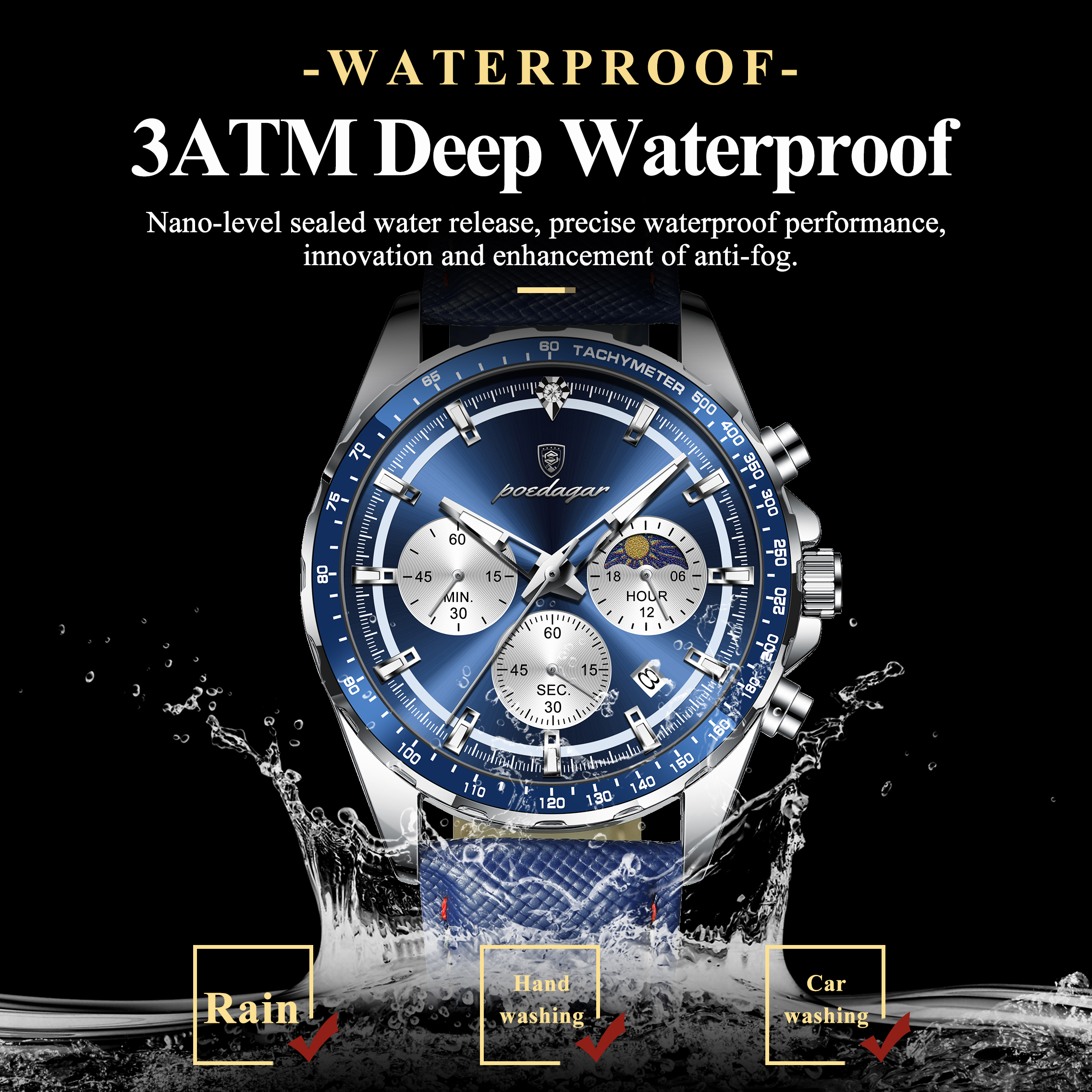 AliExpress POEDAGAR Men's Date Chronograph Leather Quartz Watch, view 3