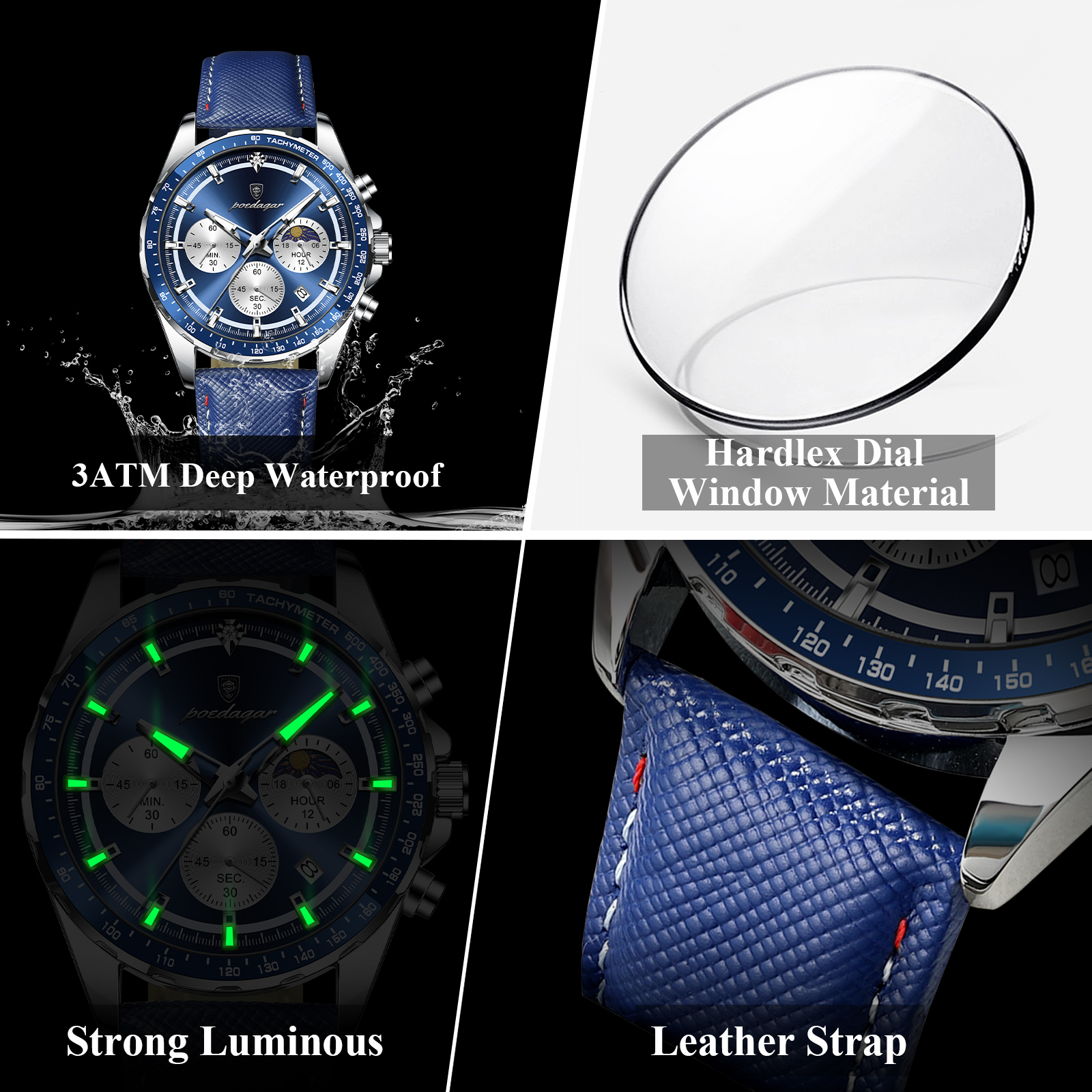 AliExpress POEDAGAR Men's Date Chronograph Leather Quartz Watch, view 4