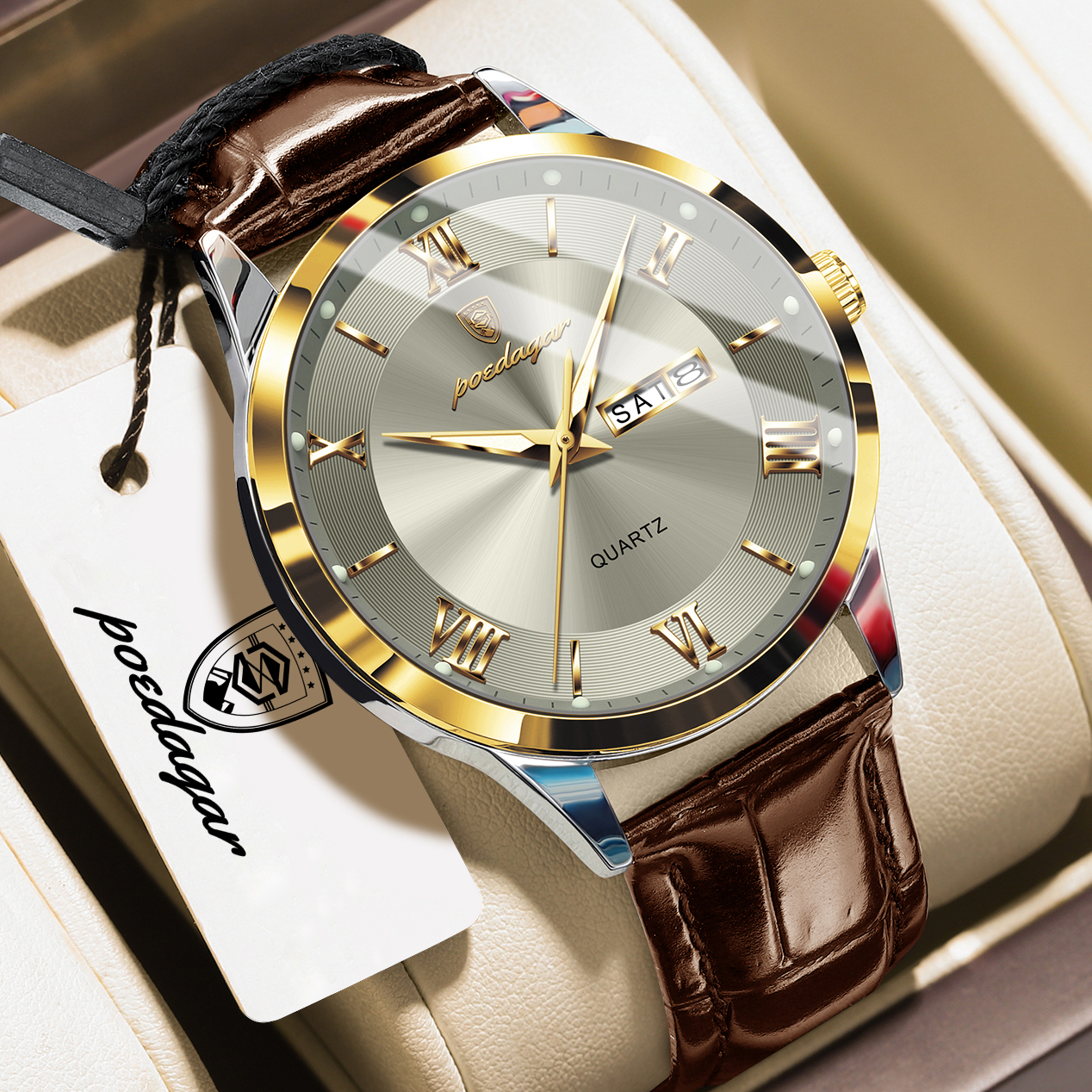 AliExpress POEDAGAR Men's Leather Quartz Date Watch, view 2