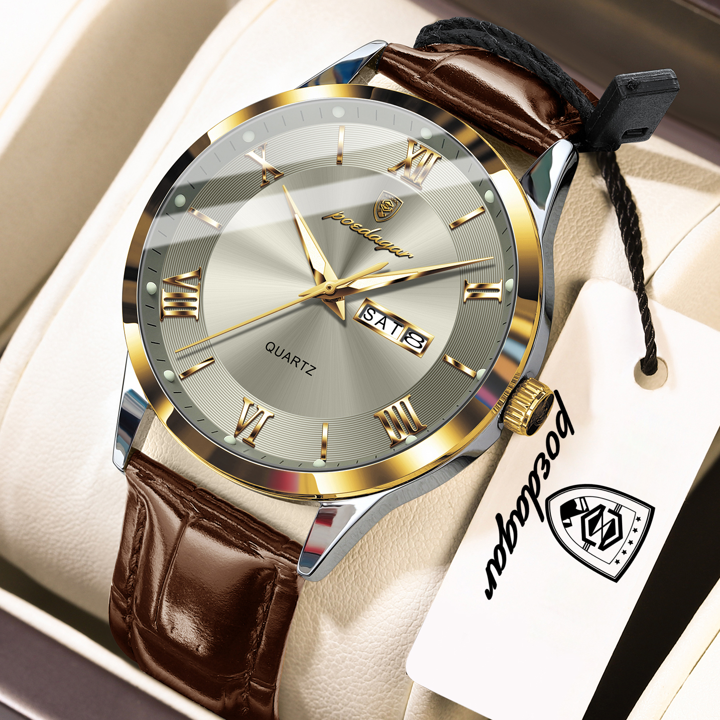 AliExpress POEDAGAR Men's Leather Quartz Date Watch, view 3