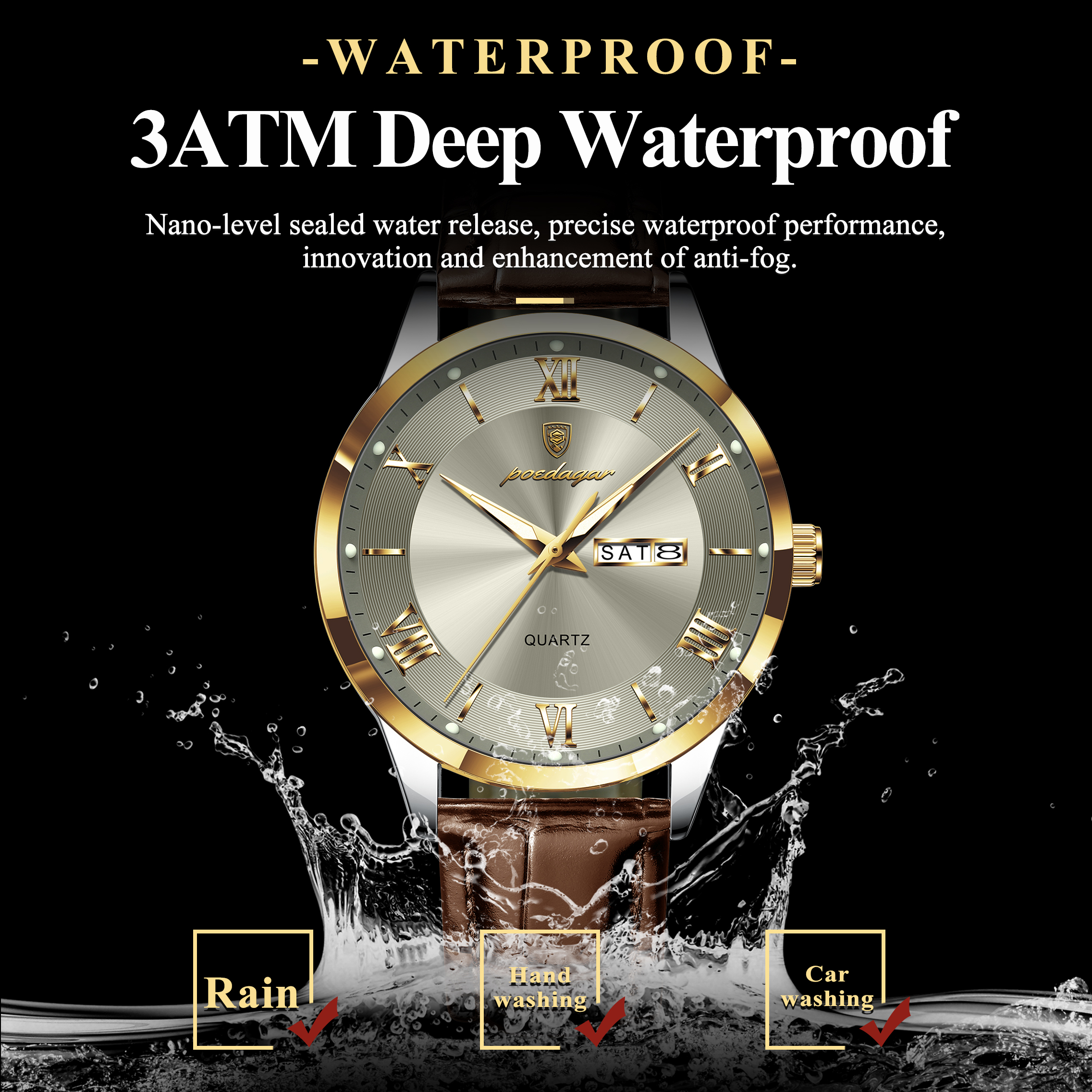 AliExpress POEDAGAR Men's Leather Quartz Date Watch, view 4