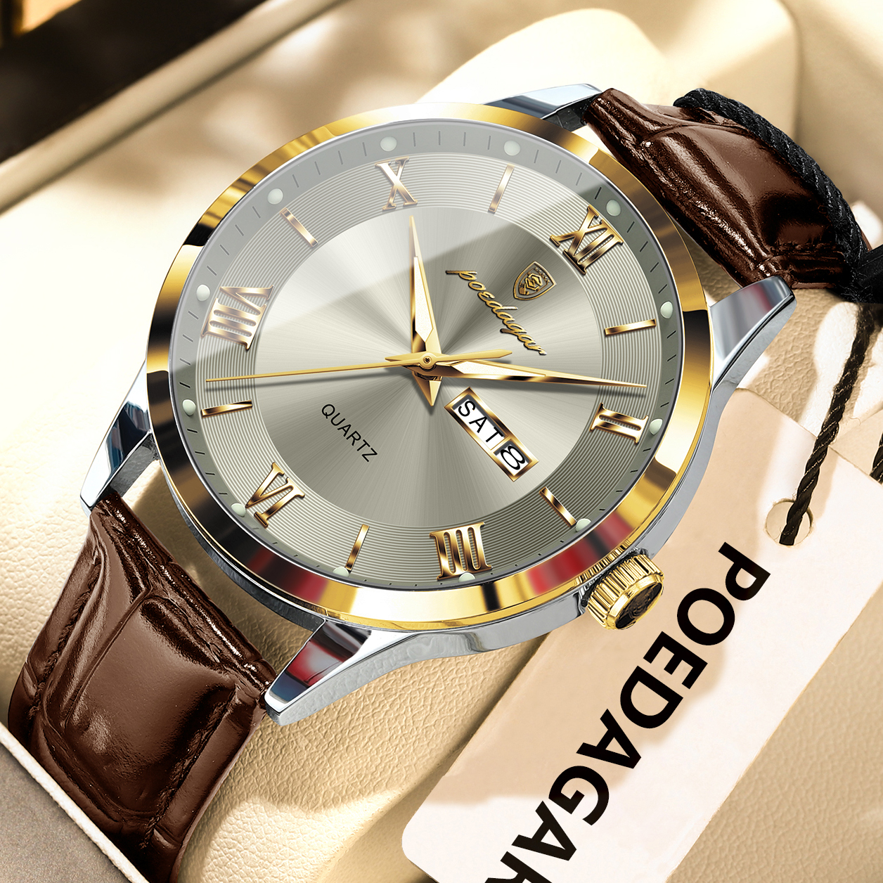AliExpress POEDAGAR Men's Leather Date and Week Quartz Watch