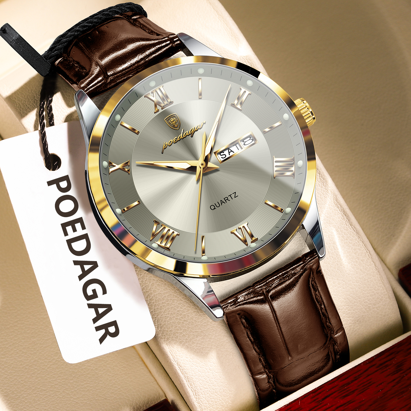 AliExpress POEDAGAR Men's Leather Date and Week Quartz Watch, view 2