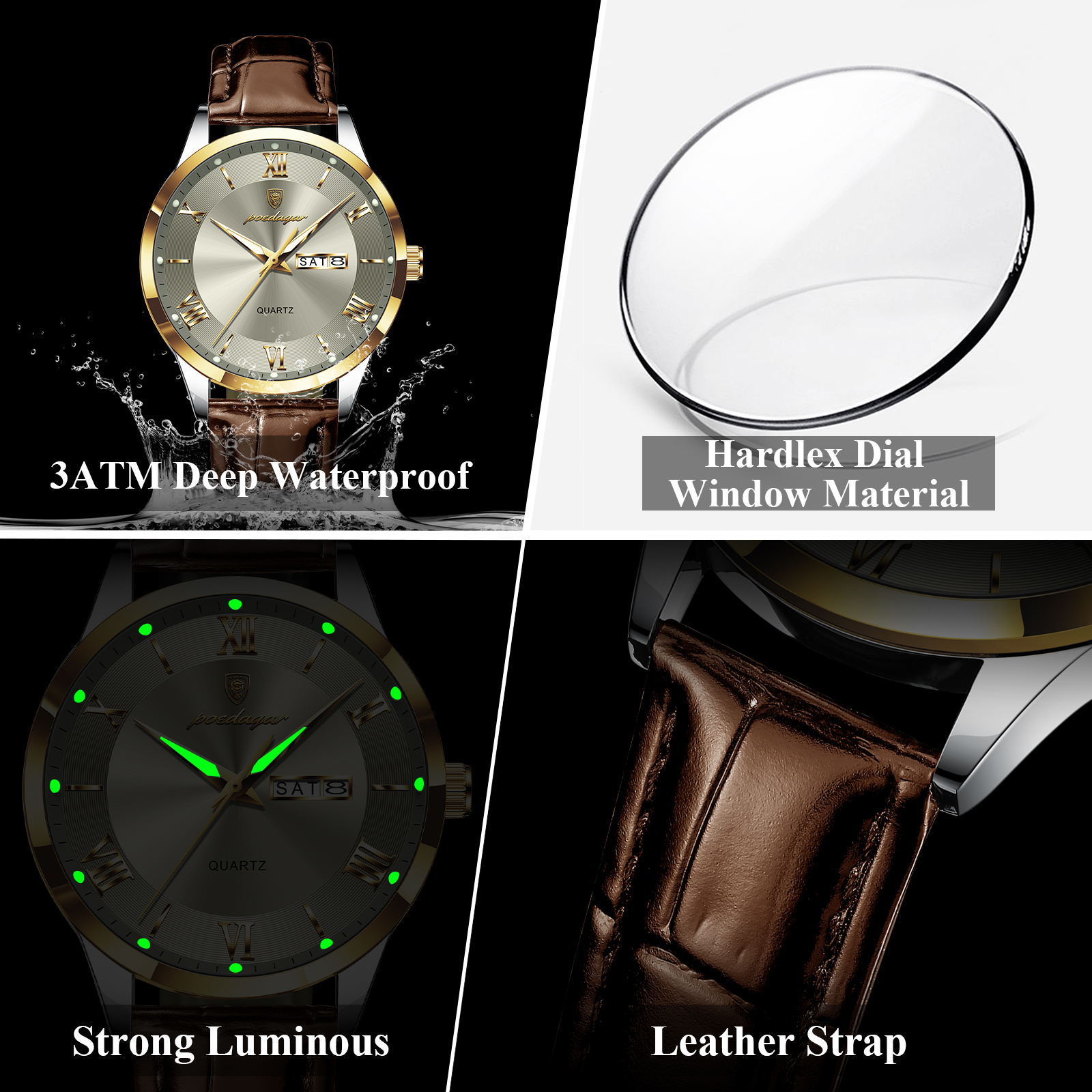 AliExpress POEDAGAR Men's Leather Date and Week Quartz Watch, view 4