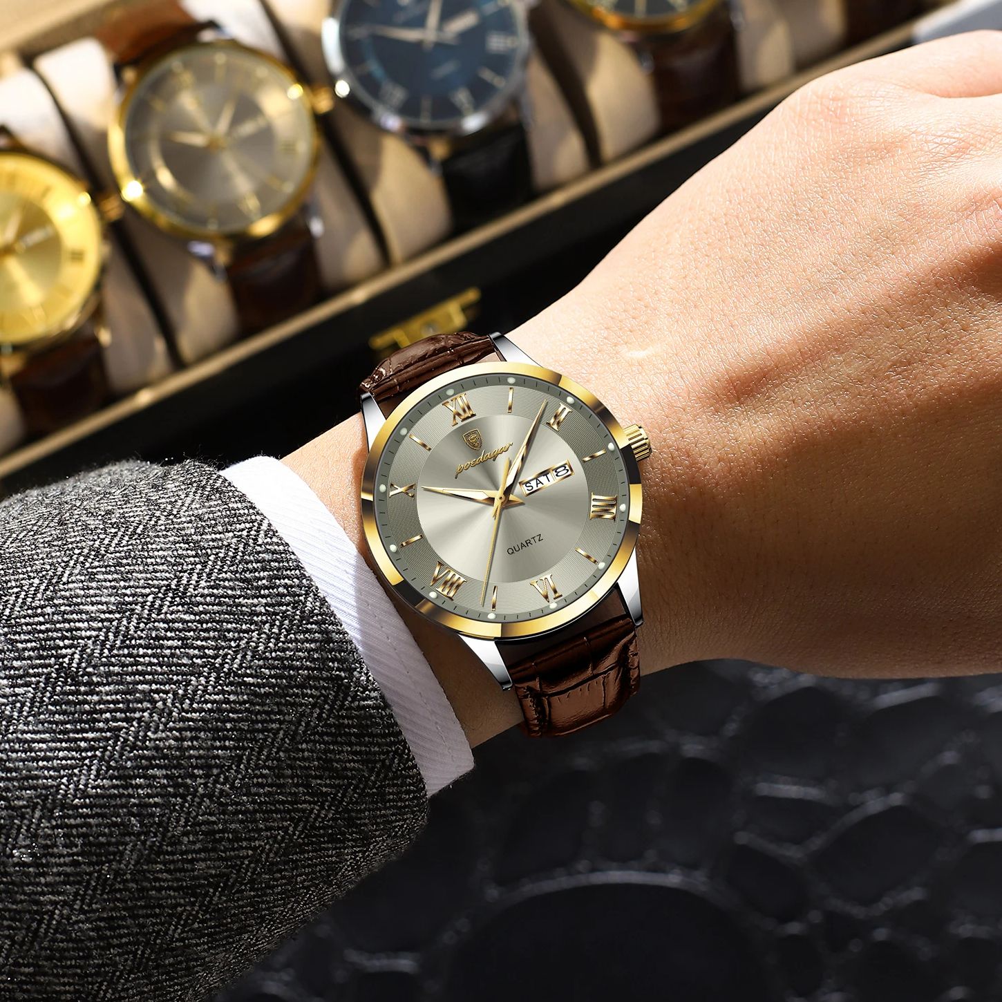 AliExpress POEDAGAR Men's Leather Date and Week Quartz Watch, view 5