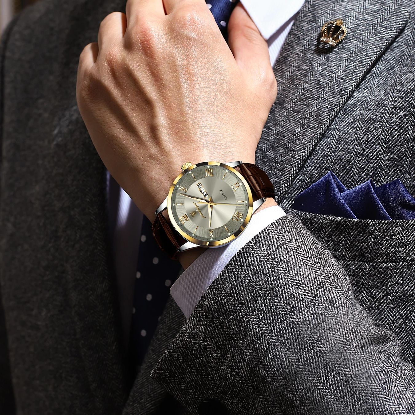 AliExpress POEDAGAR Men's Leather Date and Week Quartz Watch, view 6
