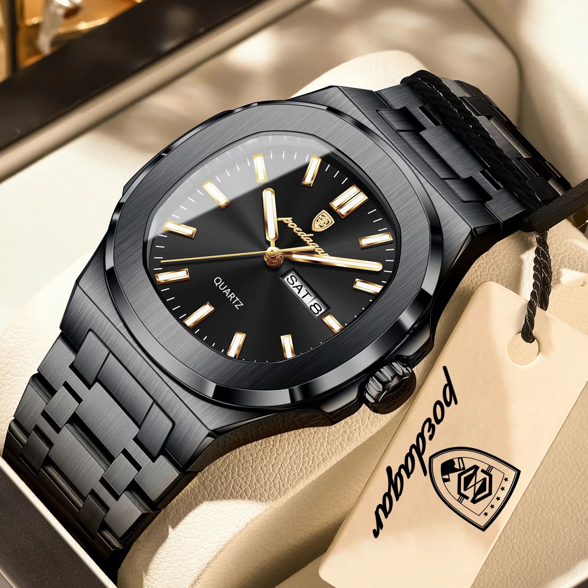 AliExpress POEDAGAR Men's Square Stainless Steel Quartz Watch, view 2