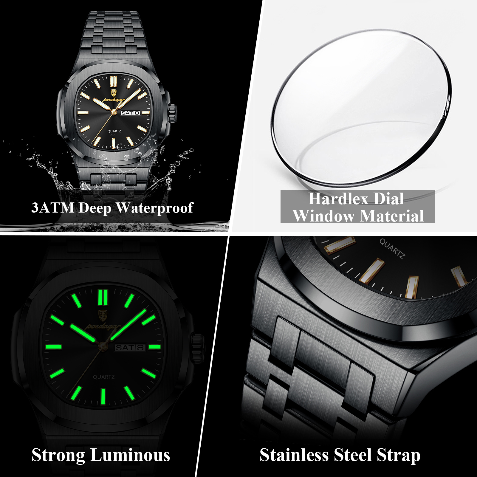 AliExpress POEDAGAR Men's Square Stainless Steel Quartz Watch, view 4
