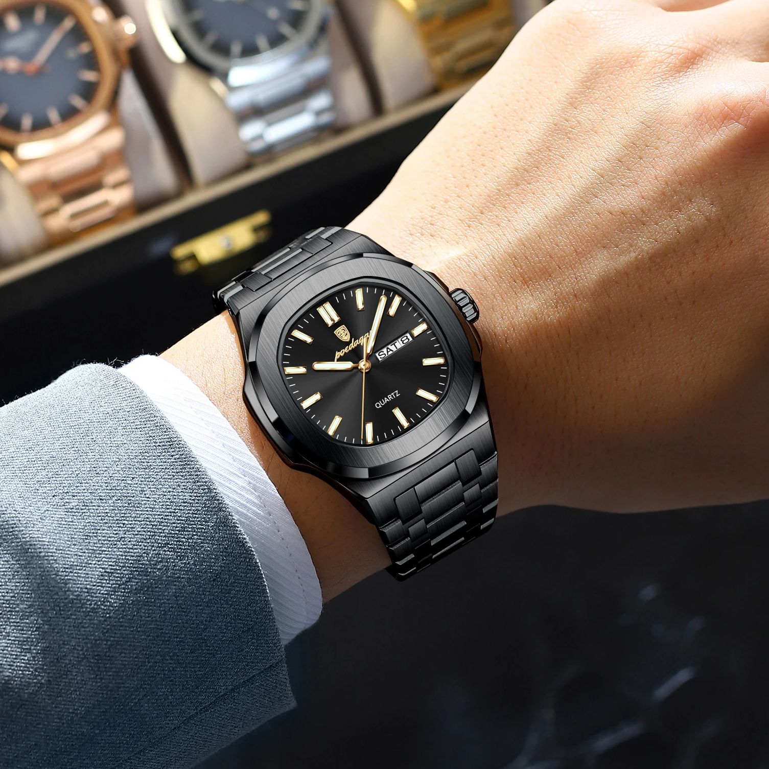 AliExpress POEDAGAR Men's Square Stainless Steel Quartz Watch, view 5