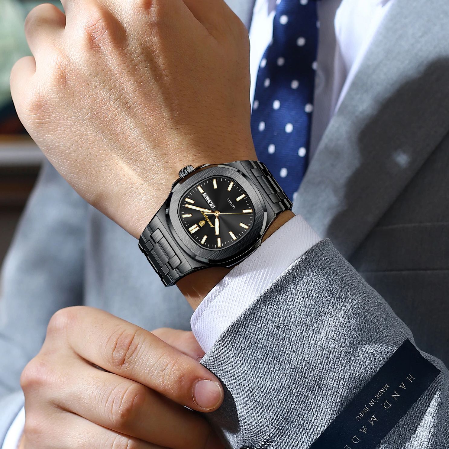 AliExpress POEDAGAR Men's Square Stainless Steel Quartz Watch, view 6