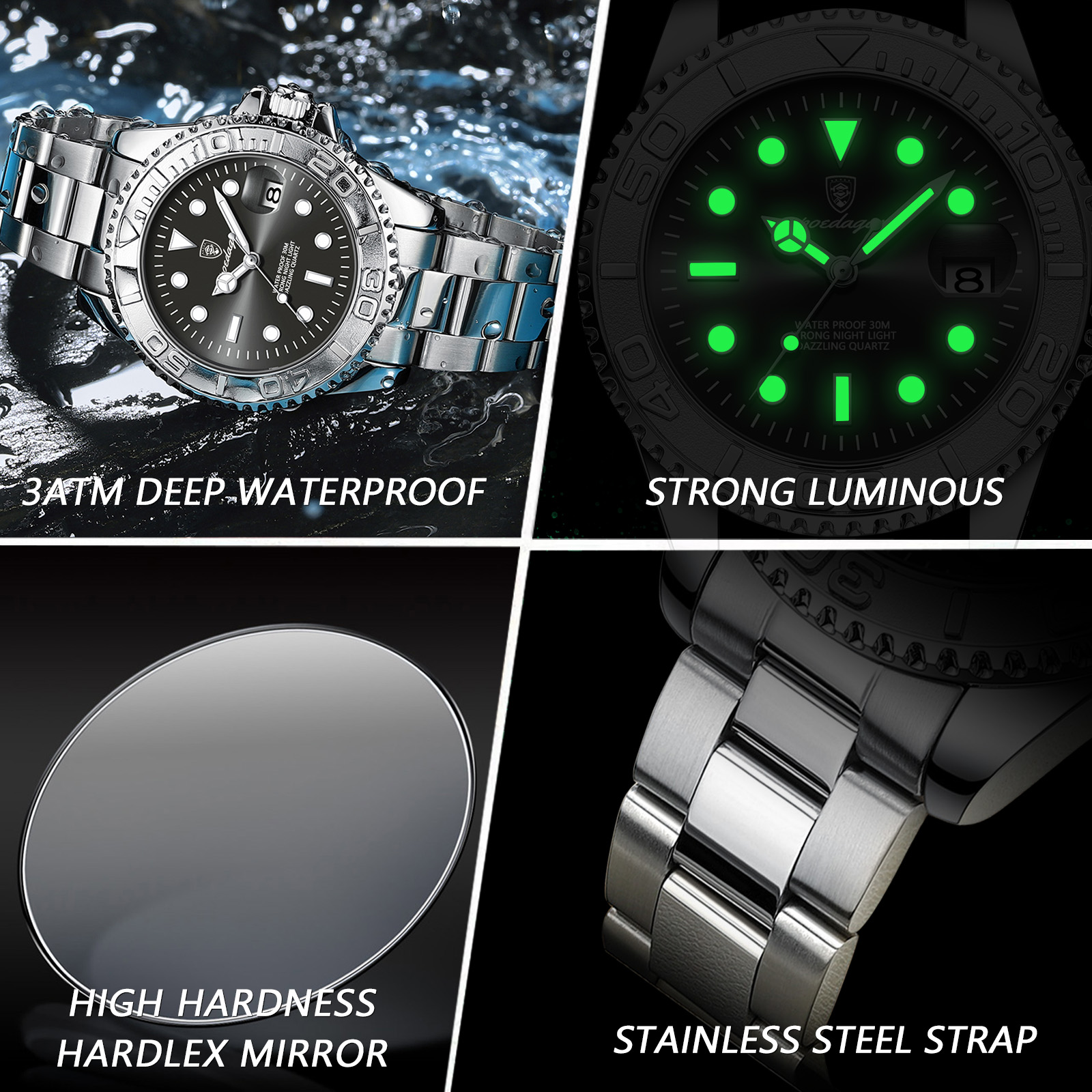 AliExpress POEDAGAR Men's Stainless Steel Quartz Sport Watch, view 3
