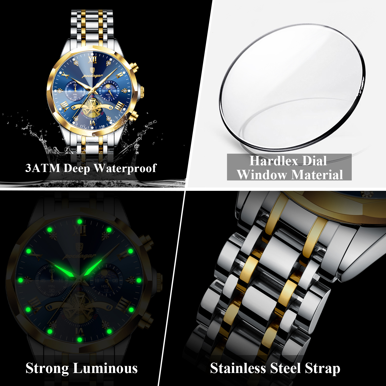 AliExpress POEDAGAR Men's Luminous Chronograph Watch, view 4