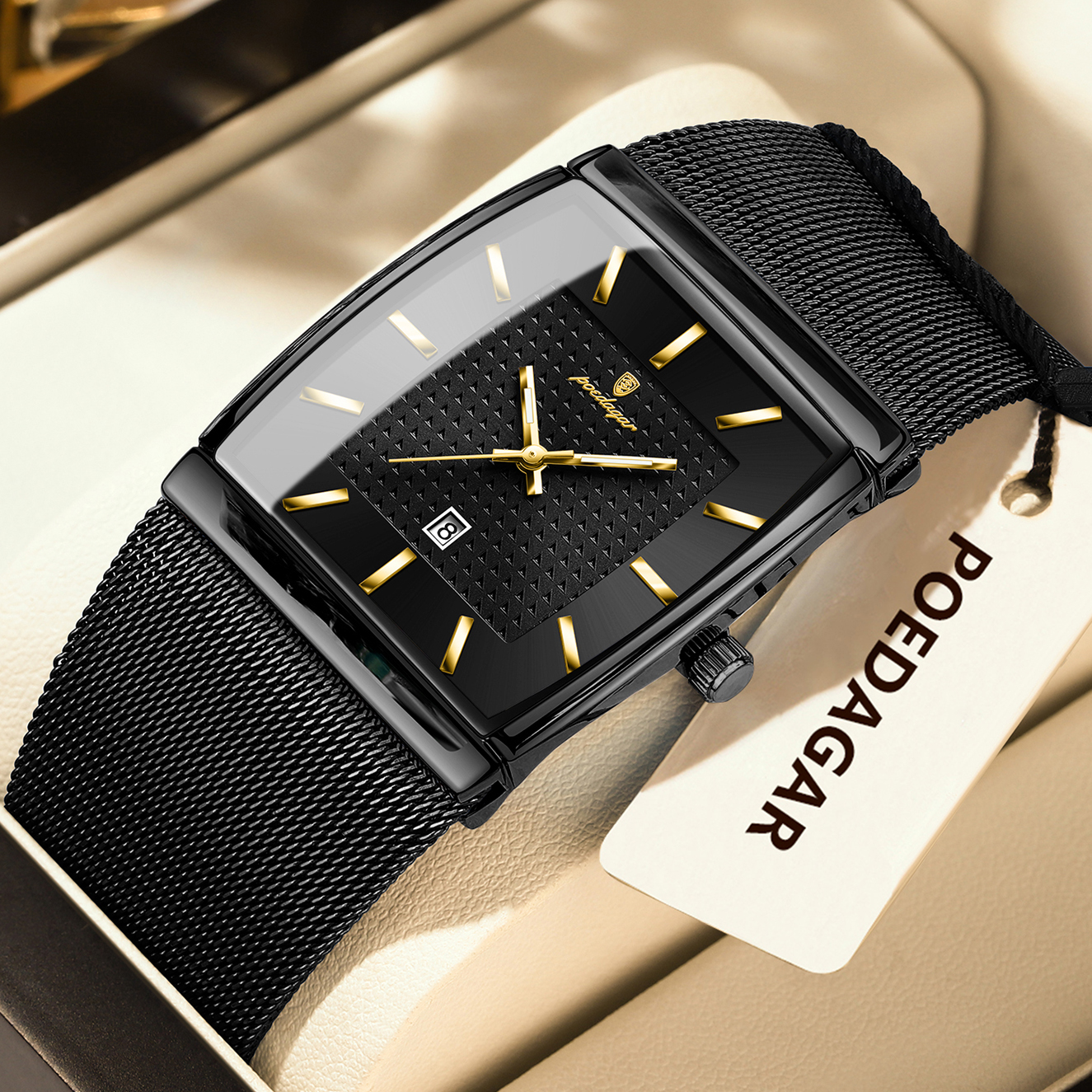 AliExpress POEDAGAR Men's Stainless Mesh Band Quartz Watch, view 2