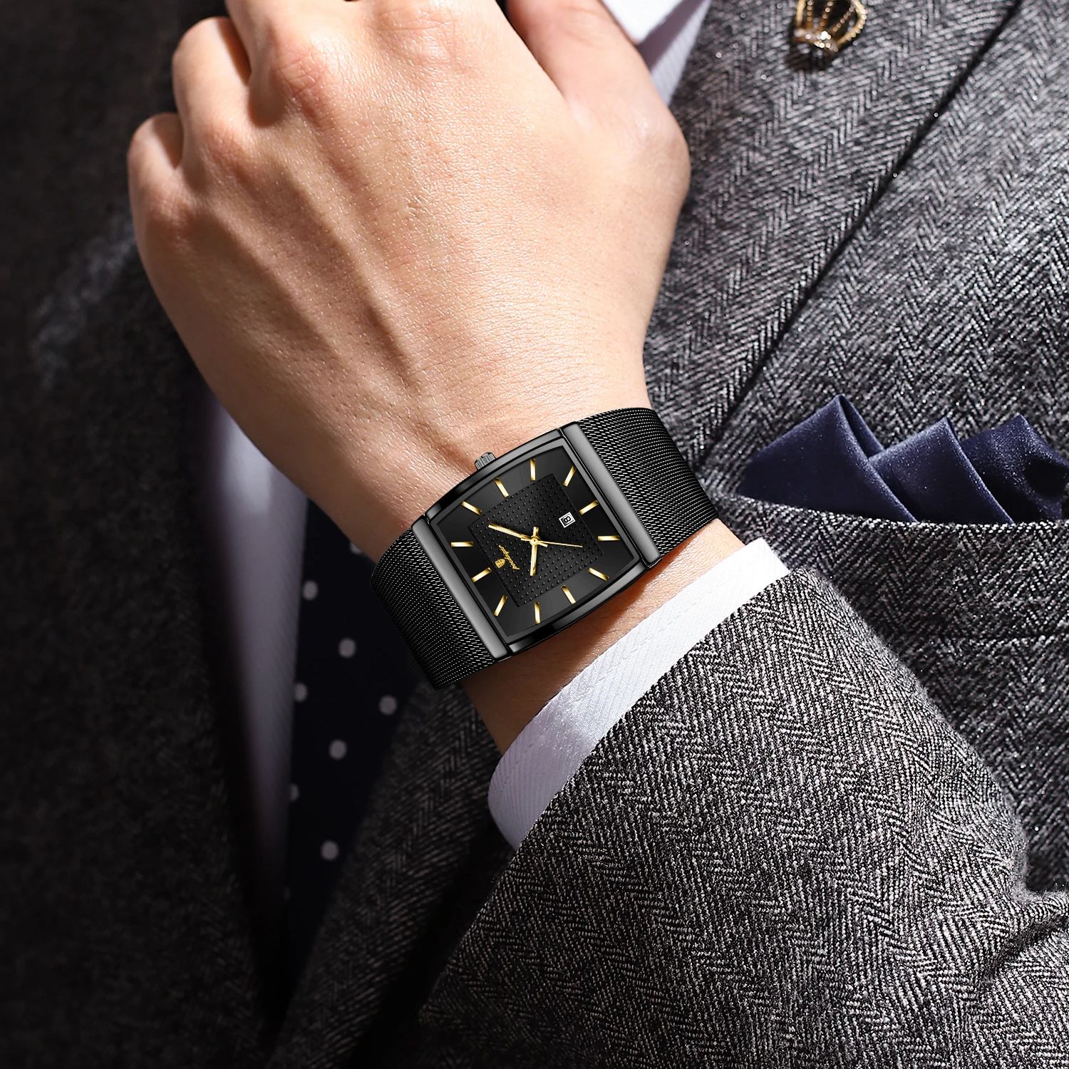 AliExpress POEDAGAR Men's Stainless Mesh Band Quartz Watch, view 5