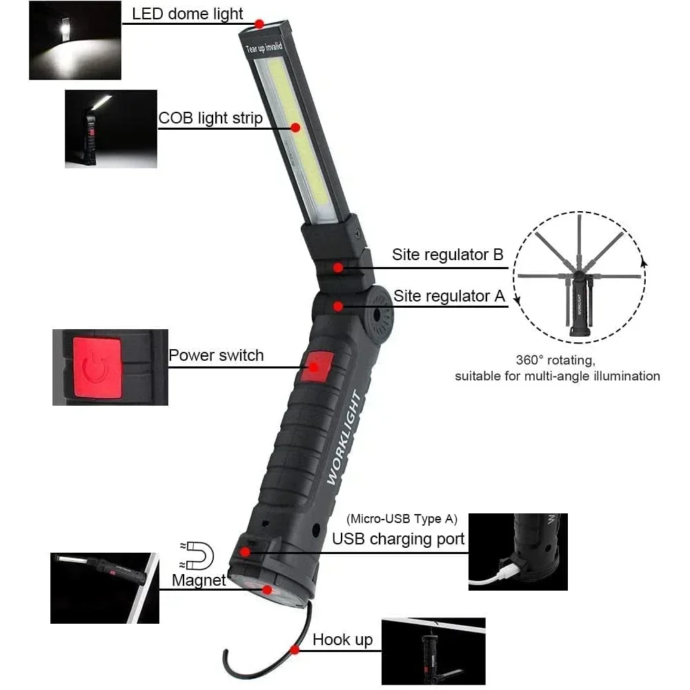 AliExpress Portable COB LED Work Light USB Rechargeable LED Flashlight Inspection Lamp With Magnetic Hook Power Bank 18650 Battery Torch, view 2