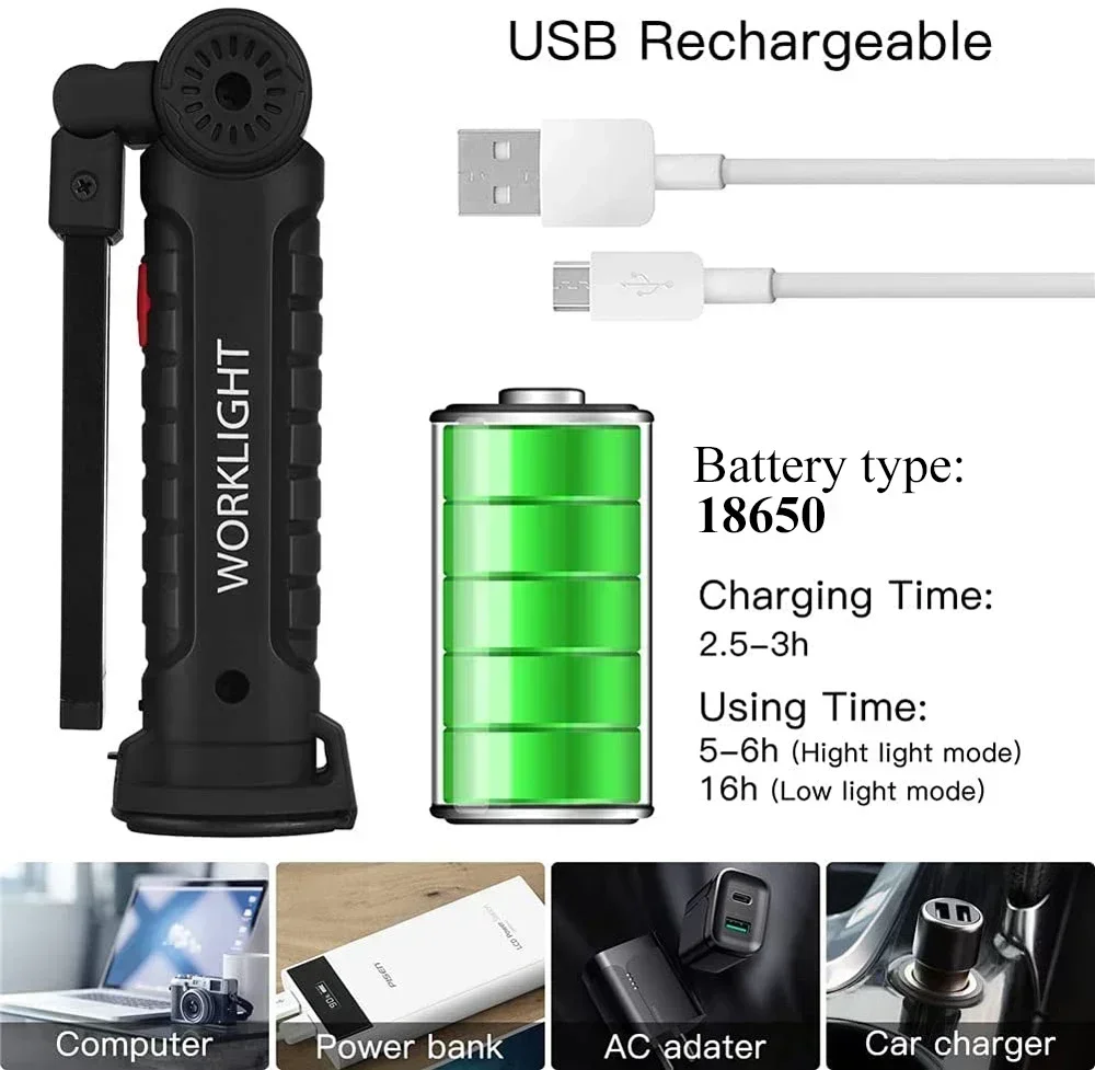 AliExpress Portable COB LED Work Light USB Rechargeable LED Flashlight Inspection Lamp With Magnetic Hook Power Bank 18650 Battery Torch, view 5