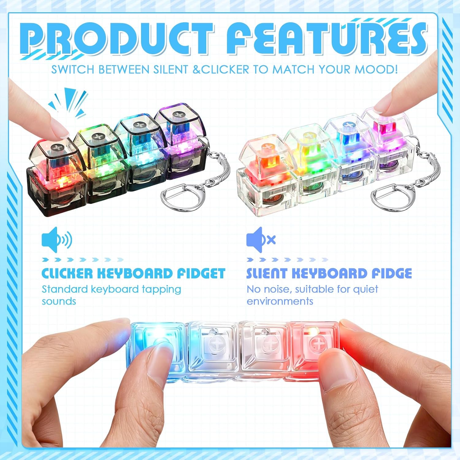 AliExpress Portable LED Light Up Keychain Fidget Toy Clickable Button Keyboard Design for Stress Anxiety Relief Office Desk Decor Fun Gift, view 5