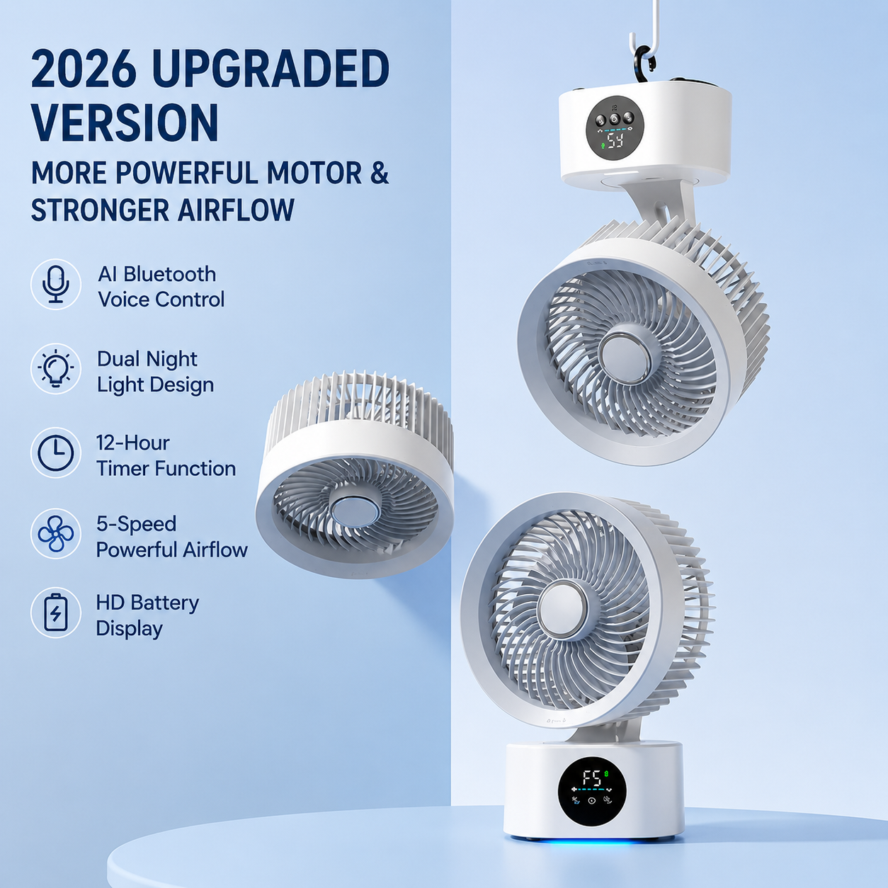 AliExpress Portable Wall-Hanging Fan With Remote Control Smart Voice Rechargeable USB Household Electric Folding Fan Nightlight Air Cooler, view 5