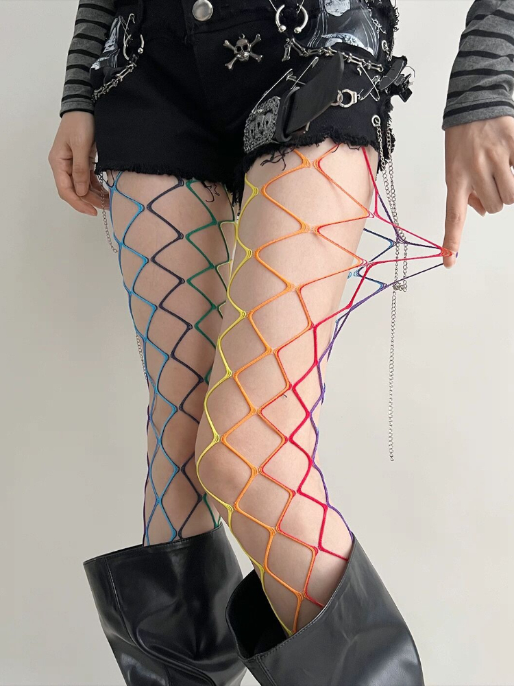 AliExpress Punk Fishnet Stockings Y2K Accessories Hot Girl Sexy Large/Medium Mesh Colorful Gothic Lolita Pantyhose female JK Long Socks, view 2