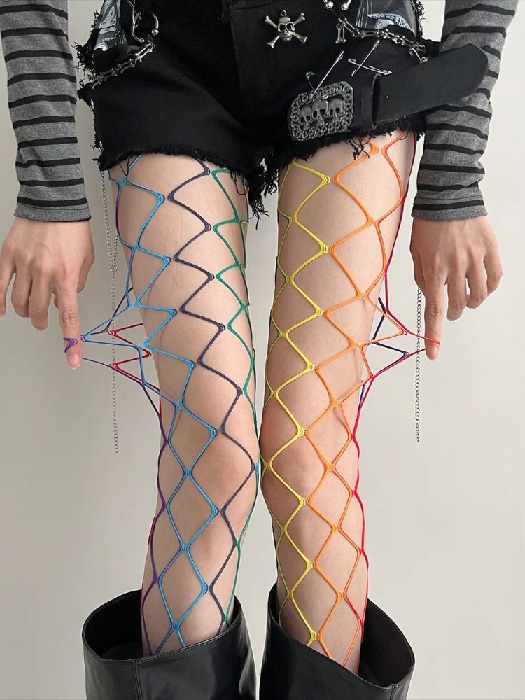 AliExpress Punk Fishnet Stockings Y2K Accessories Hot Girl Sexy Large/Medium Mesh Colorful Gothic Lolita Pantyhose female JK Long Socks, view 3