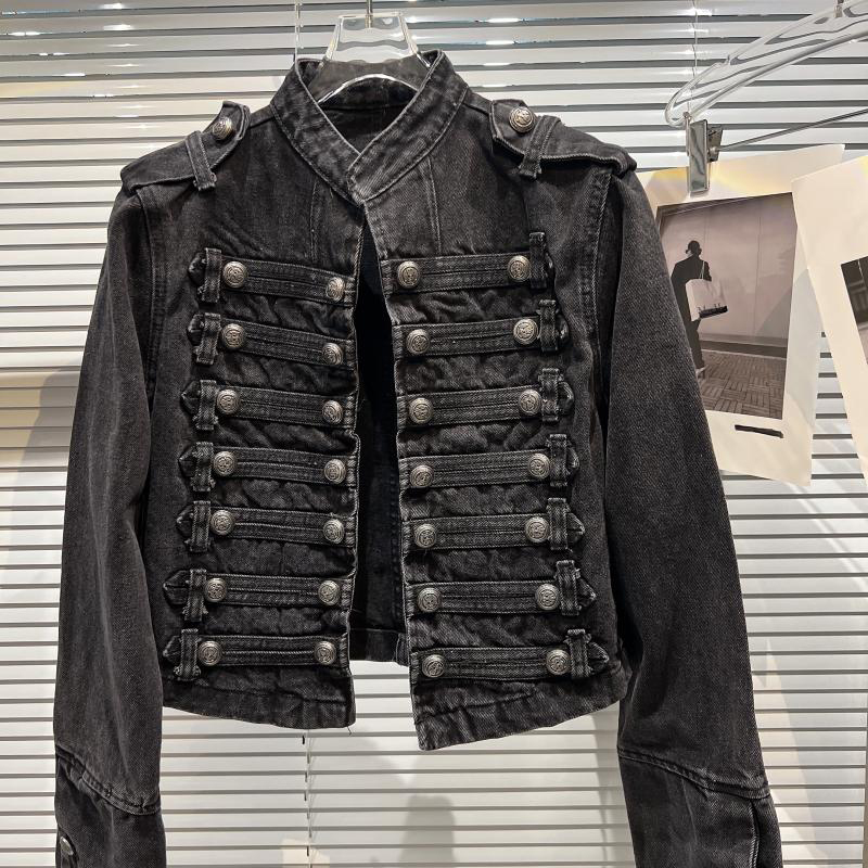 AliExpress Punk Style Black Stand Up Collar Denim Jackets Vintage Washed Motor Coat For Women 2025 Autumn New Loose Long Sleeve Outerwear, view 3