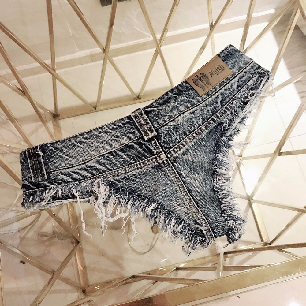 AliExpress Qisin 2023 New Women Sexy Low Waist Hole Tassel Denim Shorts Jeans Thong Short Feminino, view 3