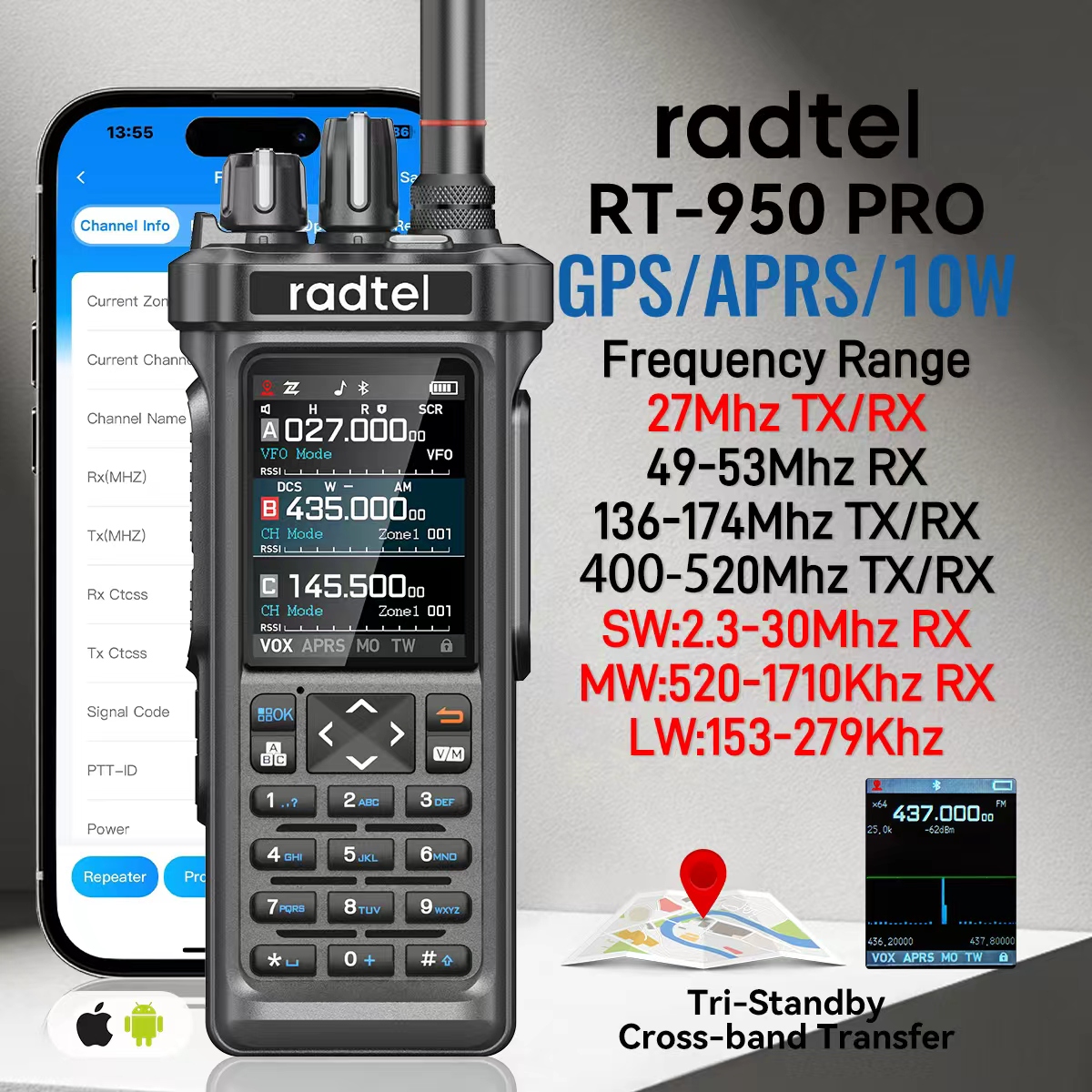 AliExpress Radtel RT-950 PRO Walkie Talkie AM/FM/CB/LSB/USB/CW Receiver with GPS APRS 10W Bluetooth Phone Programming Ham Radio RT-950PRO