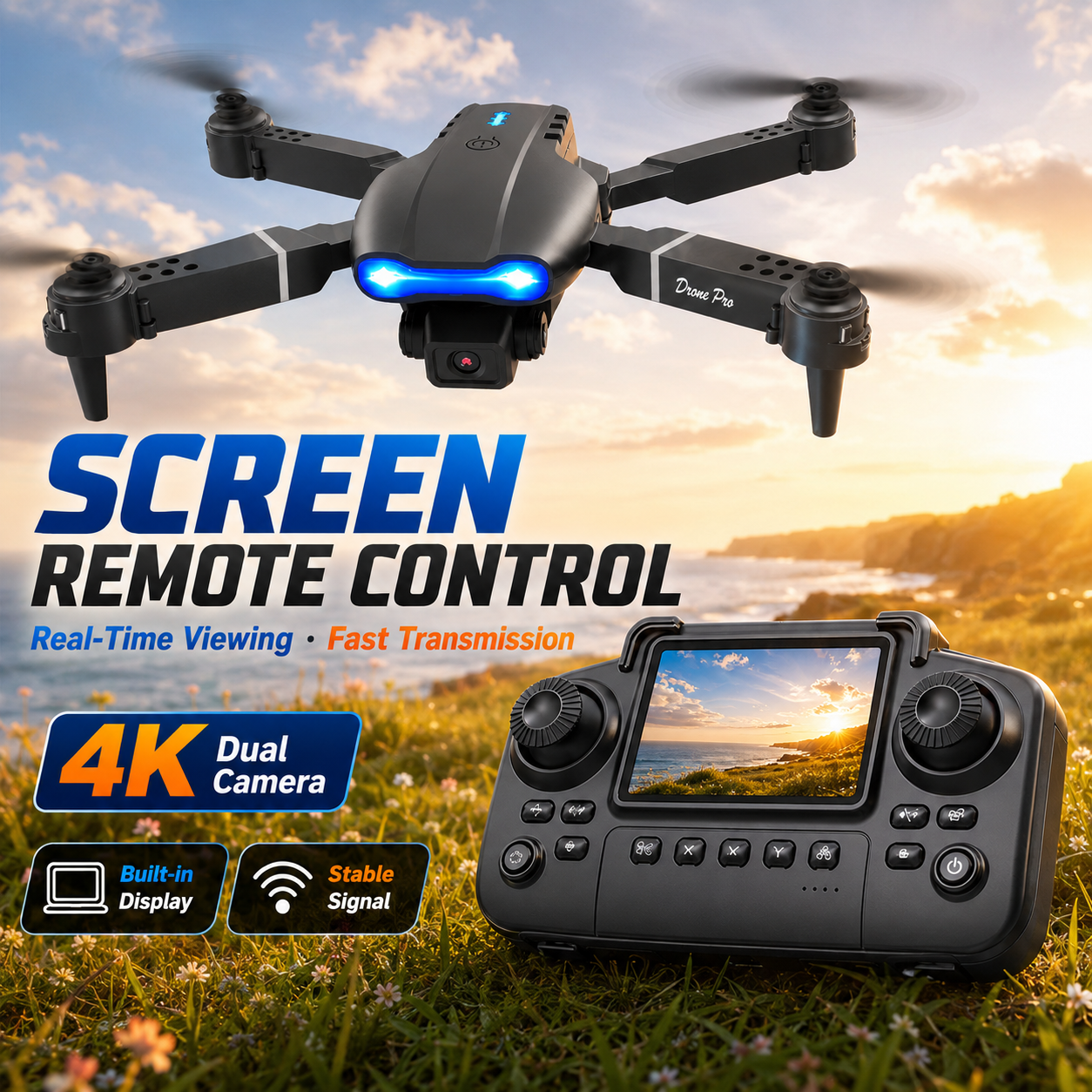 AliExpress RC Quadcopter Brushless Motor One Key Takeoff Landing Return 360° Rolling Headless Mode Dual Screen Switch LED Light Hobby Drone