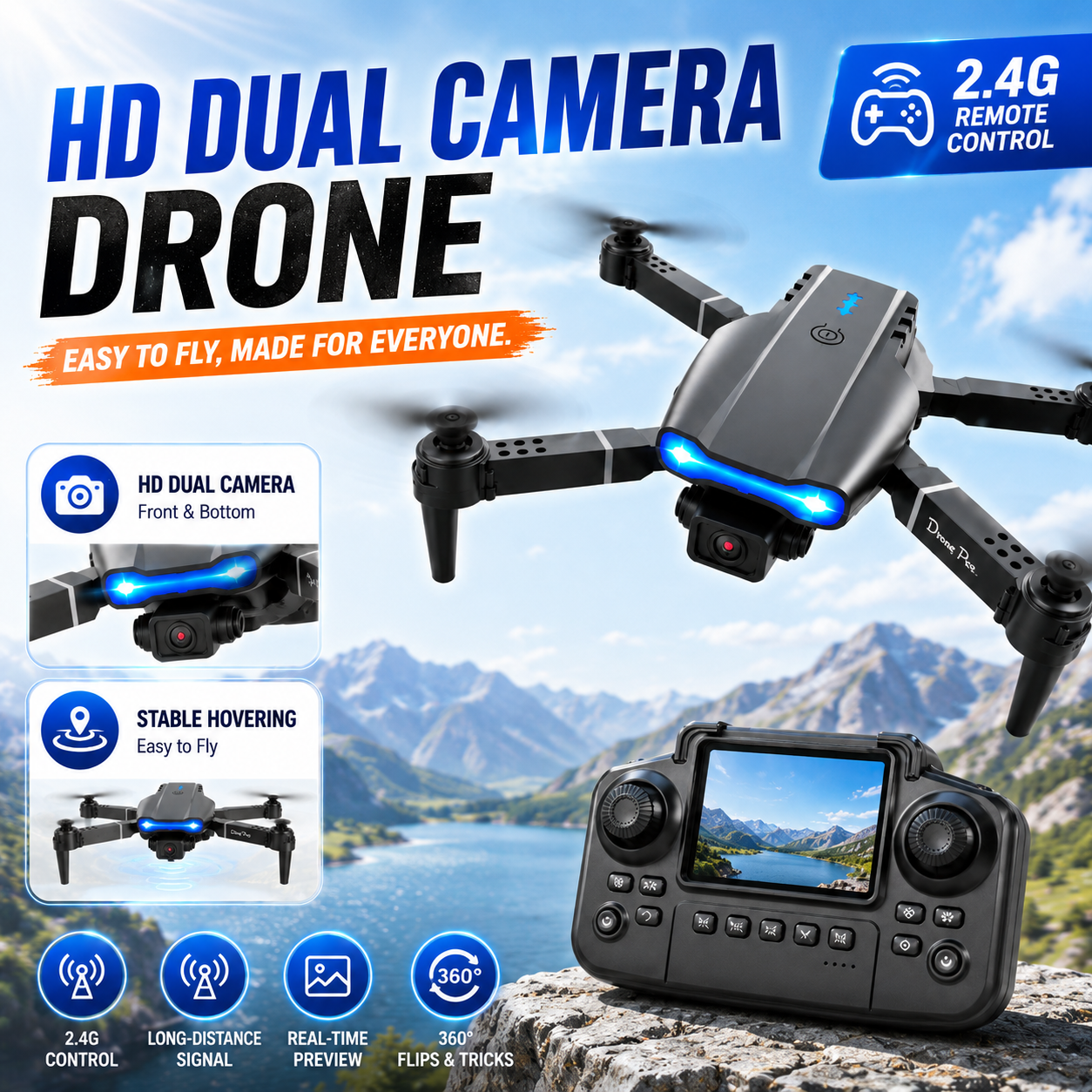 AliExpress RC Quadcopter Brushless Motor One Key Takeoff Landing Return 360° Rolling Headless Mode Dual Screen Switch LED Light Hobby Drone, view 2
