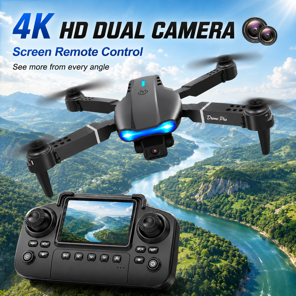 AliExpress RC Quadcopter Brushless Motor One Key Takeoff Landing Return 360° Rolling Headless Mode Dual Screen Switch LED Light Hobby Drone, view 3
