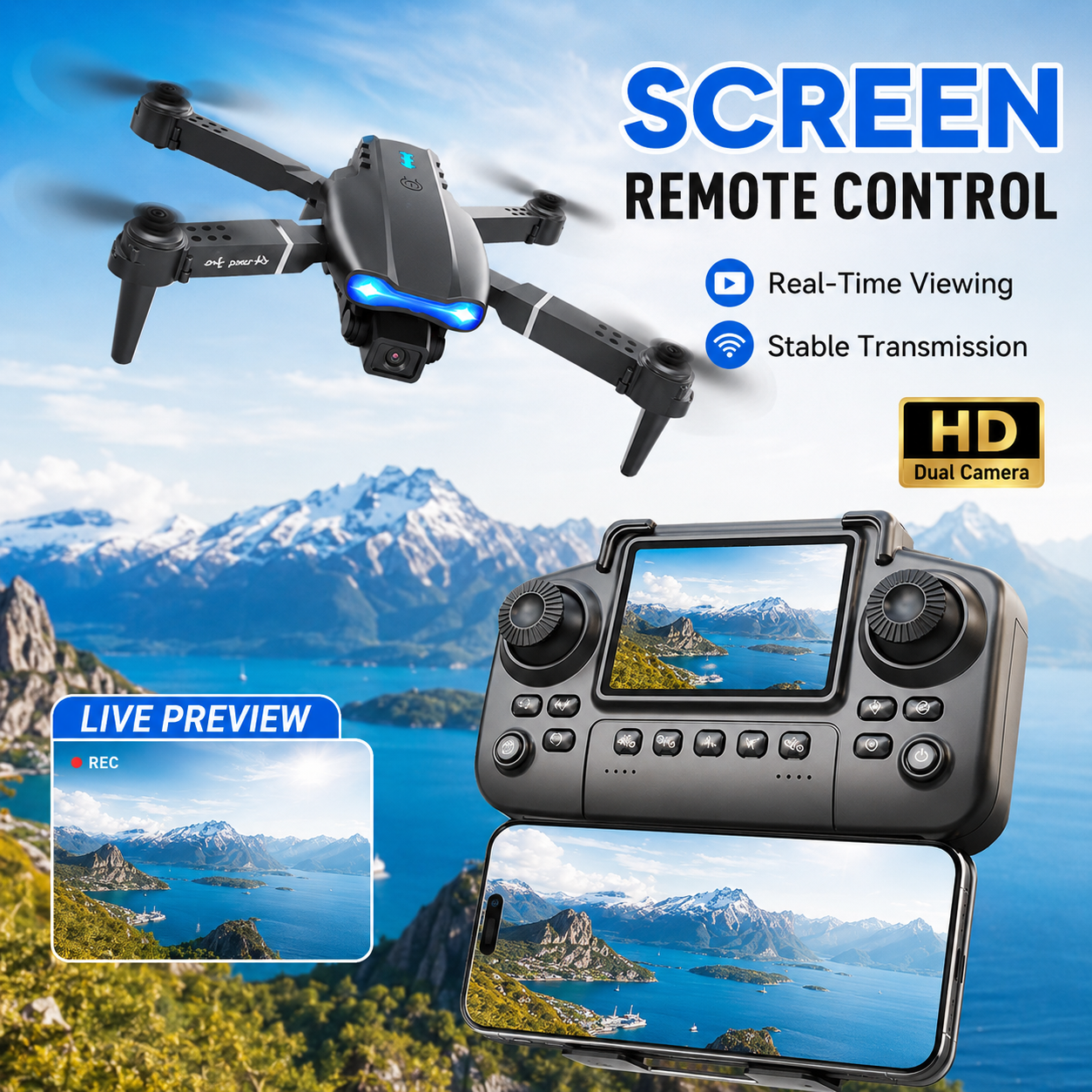 AliExpress RC Quadcopter Brushless Motor One Key Takeoff Landing Return 360° Rolling Headless Mode Dual Screen Switch LED Light Hobby Drone, view 4