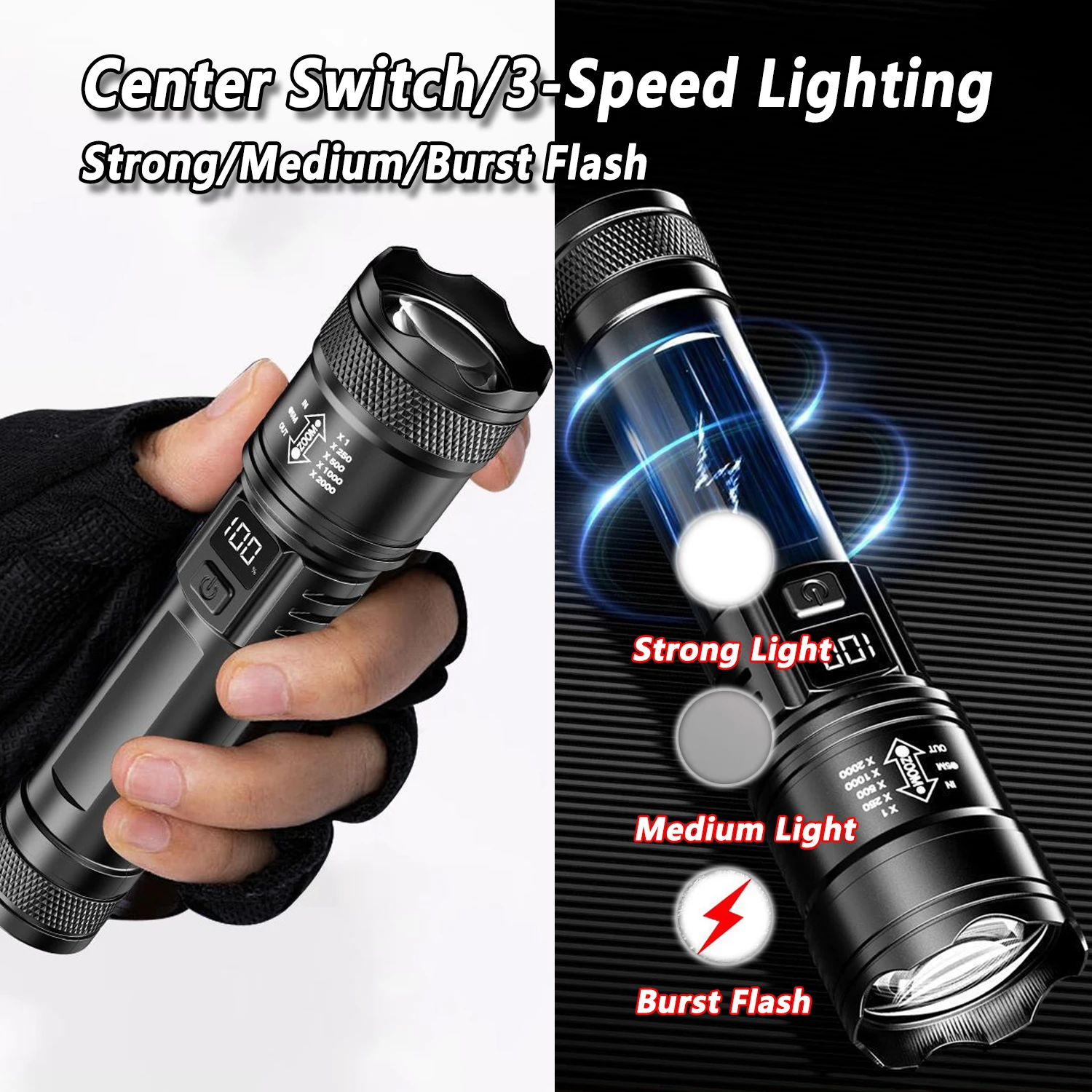 AliExpress Zoomable Rechargeable LED Flashlight with LCD Display, view 4
