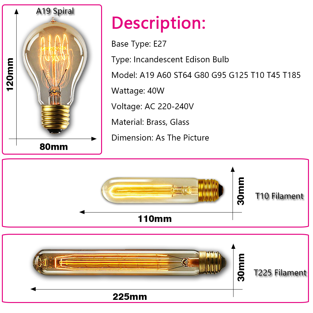 AliExpress Retro Edison Light Bulb E27 40W 220V A60 ST64 G80 G95 T45 Incandescent Bulb Ampoule Vintage Edison Lamp Filament For Home Decor, view 6