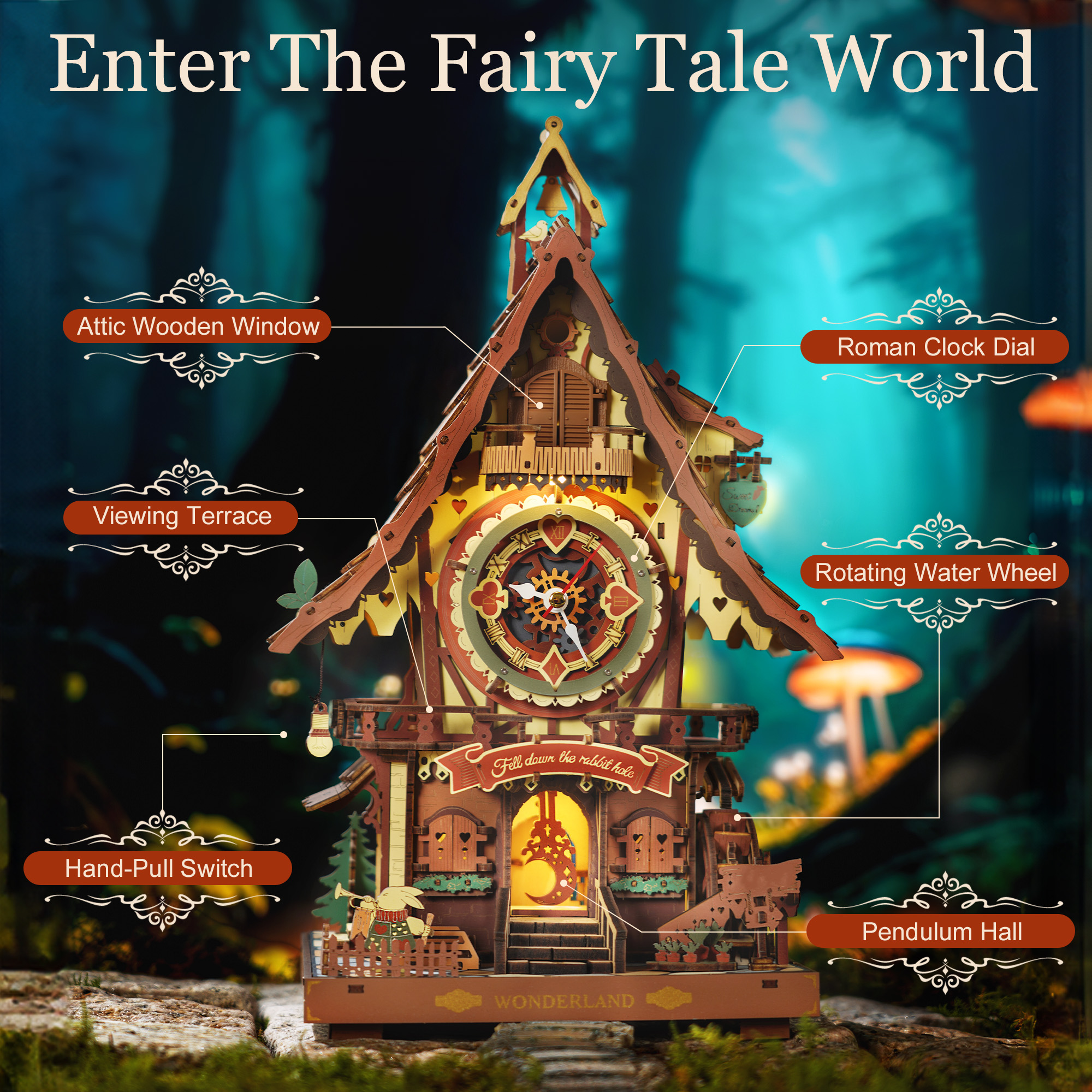 AliExpress ROKR Wooden 3D Puzzle Cuckoo Clock Mechanical Model Building Kit 435 Pieces DIY Craft Kit with 2 Light for Home Decor Brain Teasers Jigsaw Toys for Adults Teens, view 3