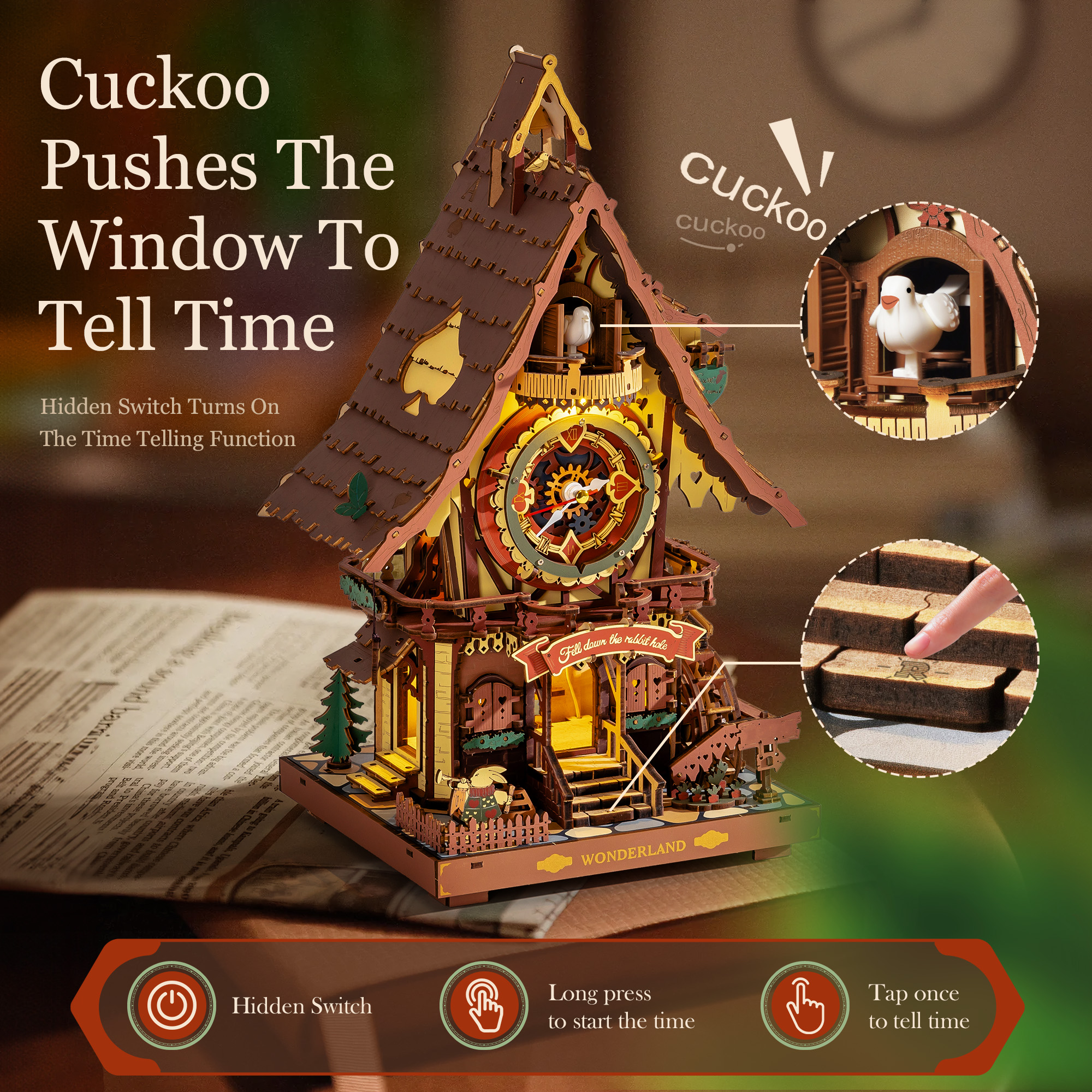 AliExpress ROKR Wooden 3D Puzzle Cuckoo Clock Mechanical Model Building Kit 435 Pieces DIY Craft Kit with 2 Light for Home Decor Brain Teasers Jigsaw Toys for Adults Teens, view 4