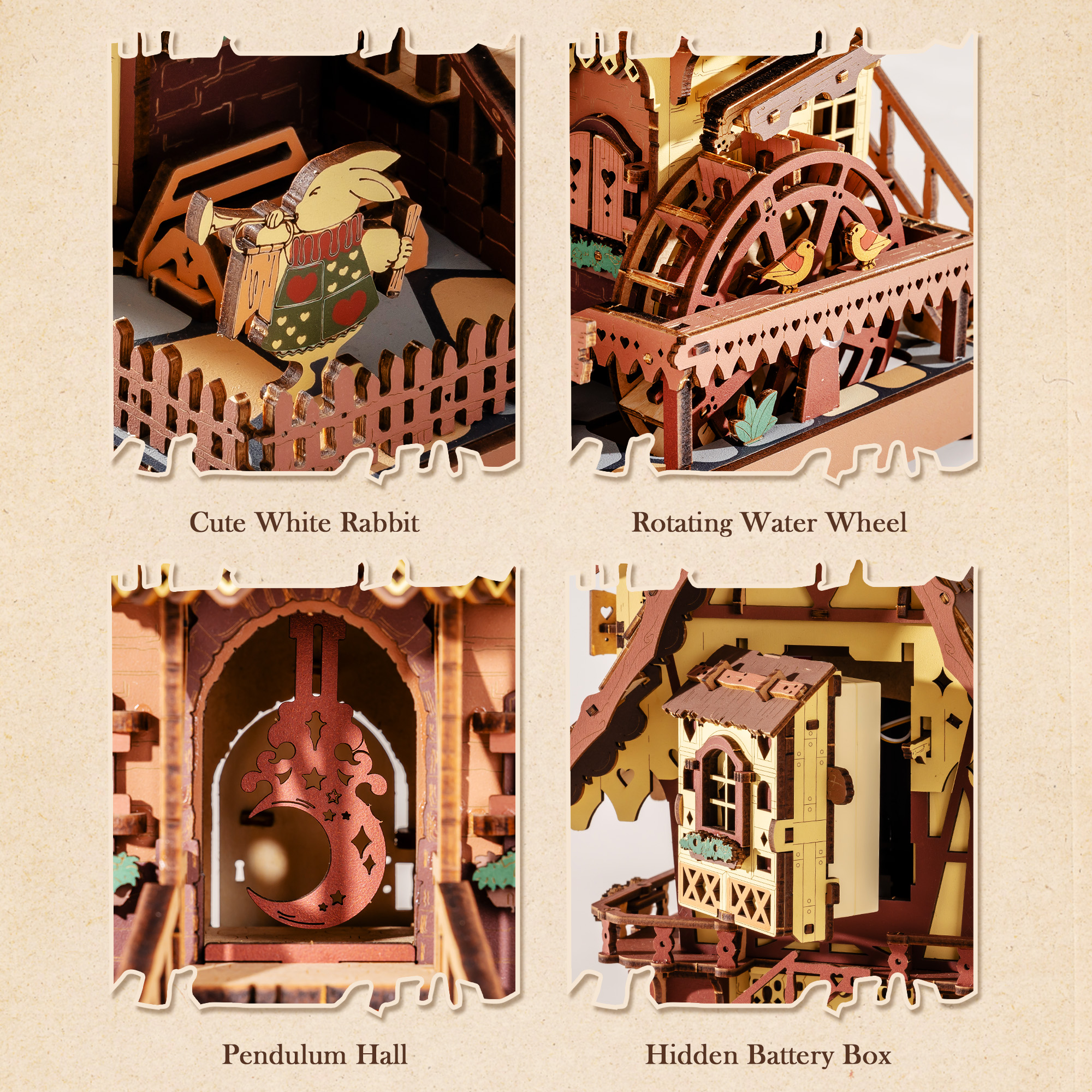 AliExpress ROKR Wooden 3D Puzzle Cuckoo Clock Mechanical Model Building Kit 435 Pieces DIY Craft Kit with 2 Light for Home Decor Brain Teasers Jigsaw Toys for Adults Teens, view 5