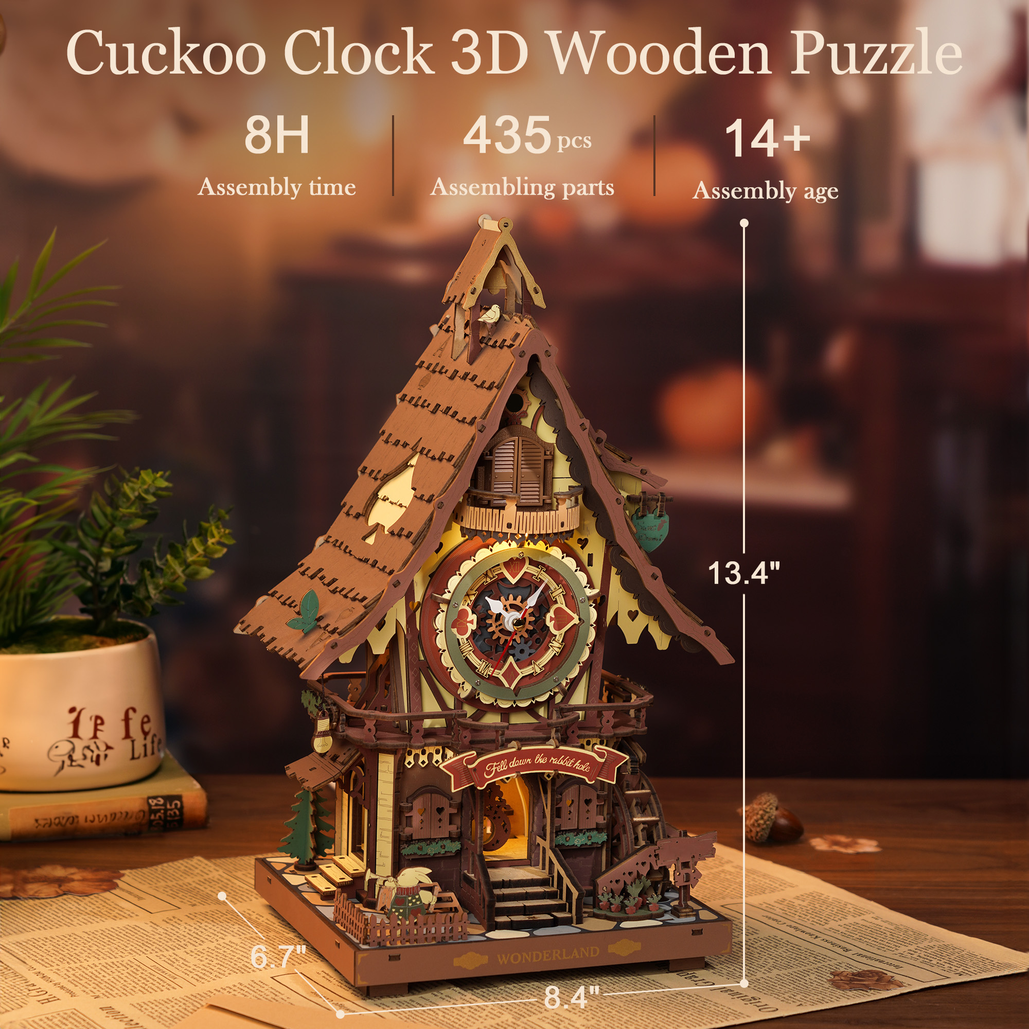 AliExpress ROKR Wooden 3D Puzzle Cuckoo Clock Mechanical Model Building Kit 435 Pieces DIY Craft Kit with 2 Light for Home Decor Brain Teasers Jigsaw Toys for Adults Teens, view 6