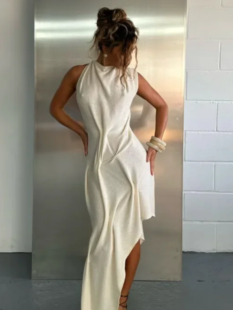 AliExpress Romantic Soft Halter Maxi Dress Ruched Asymmetrical Women Dresses Anniversary Dinners Vacation Elegant Female Party Wear