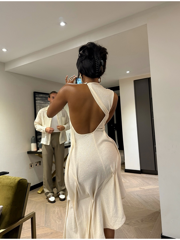 AliExpress Romantic Soft Halter Maxi Dress Ruched Asymmetrical Women Dresses Anniversary Dinners Vacation Elegant Female Party Wear, view 4