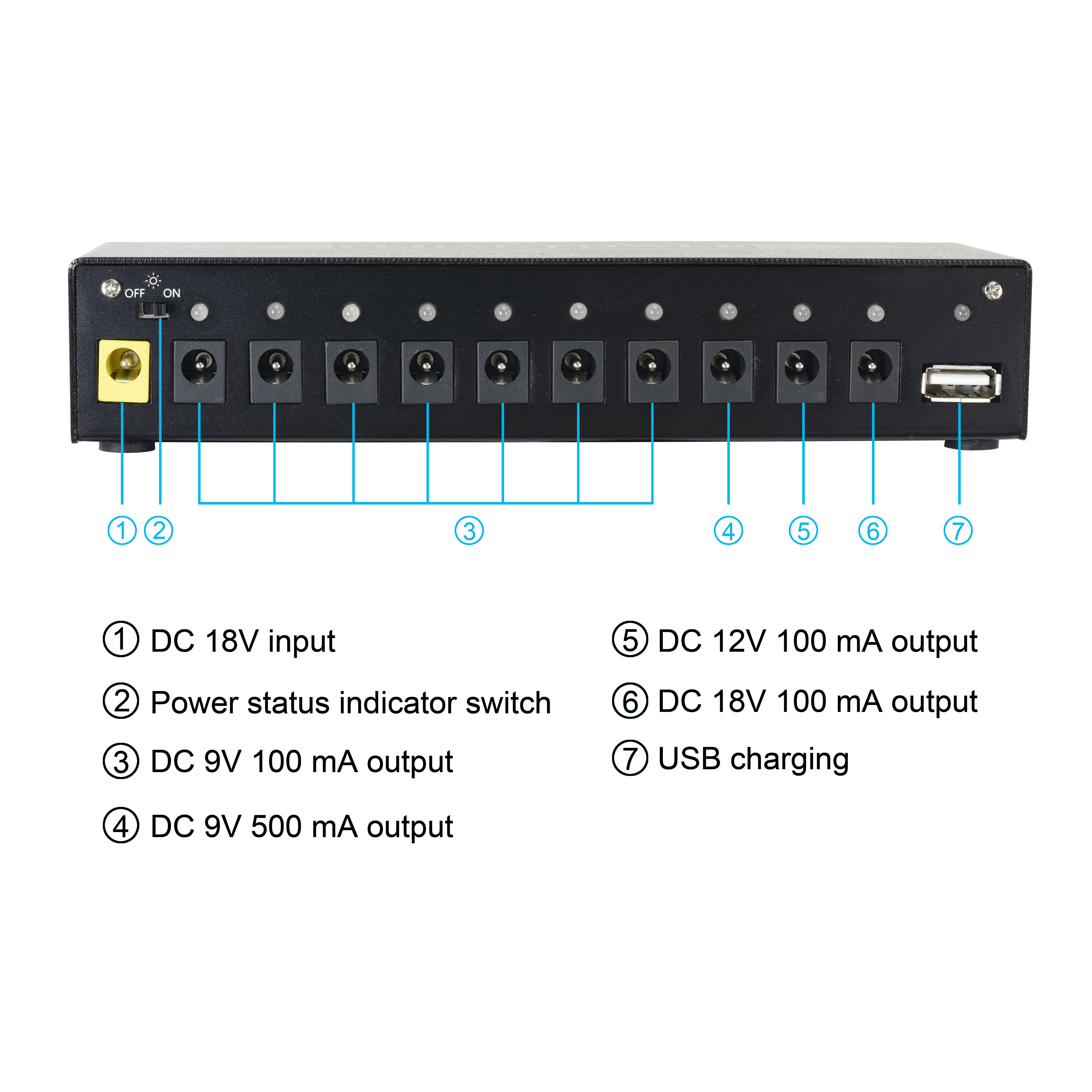 AliExpress Rowin Guitar Pedal Power Supply 10 Isolated DC Output for 9V/12V/18V Effect Pedal with USB Charging Port for iPhone Noise Filter, view 5