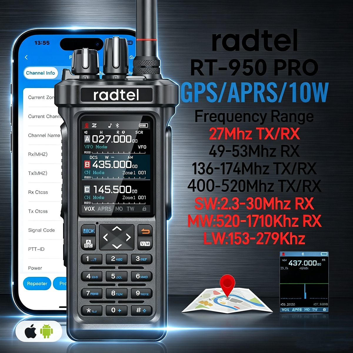 AliExpress RT-950 PRO Walkie Talkie AM/FM/CB/LSB/USB/CW Receiver with GPS APRS 10W Bluetooth Phone Programming Ham Radio RT-950PRO