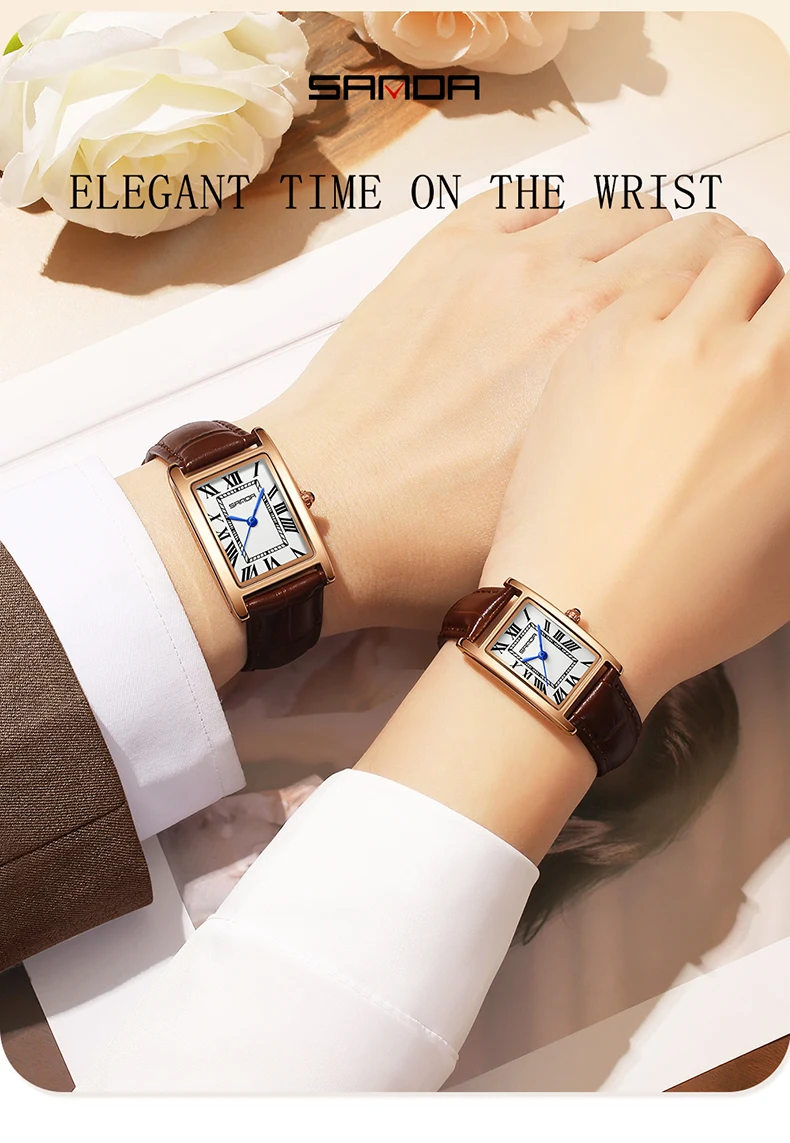 AliExpress SANDA Tank-Style Leather Strap Couple Quartz Watch, view 3
