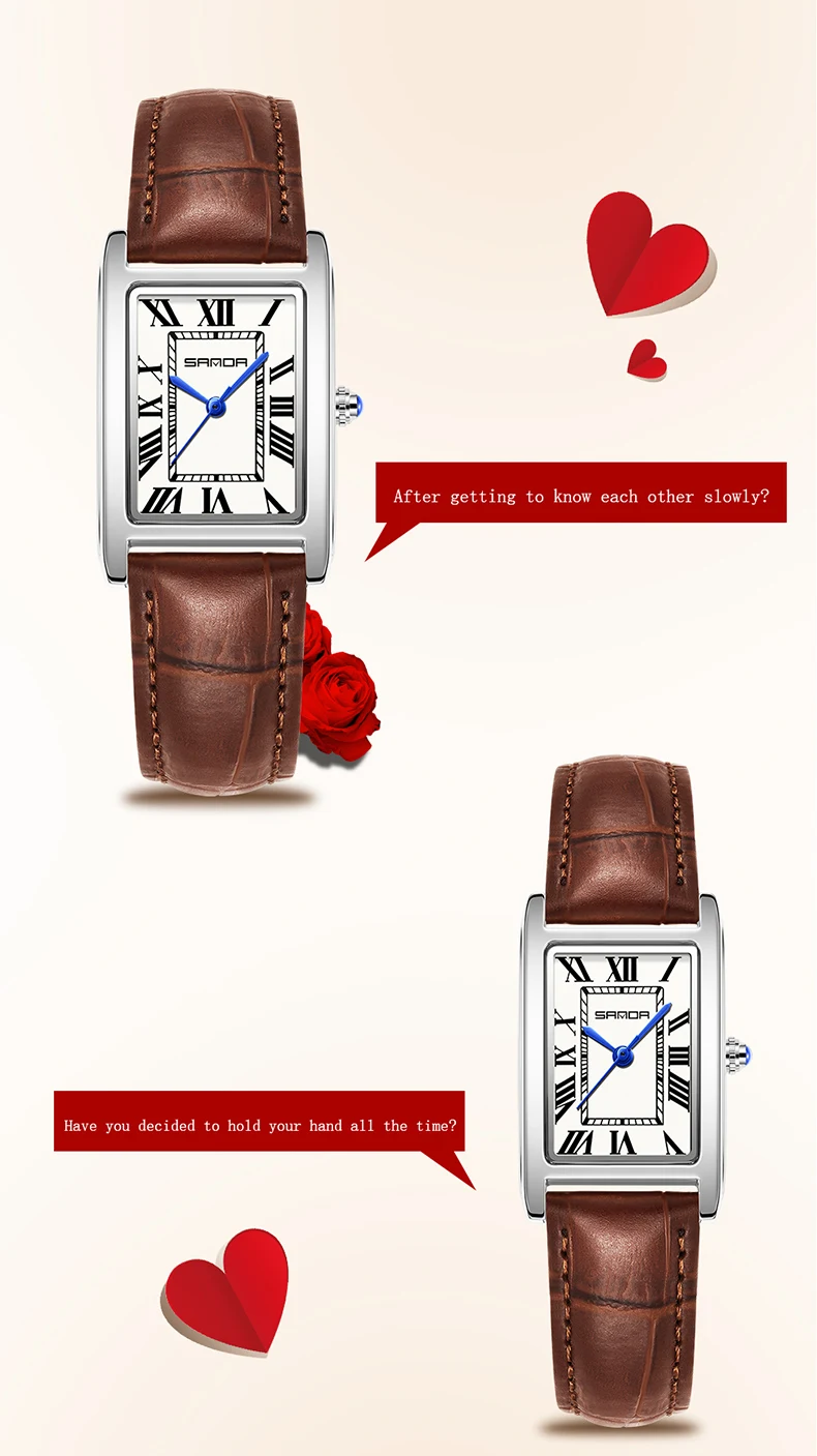 AliExpress SANDA Tank-Style Leather Strap Couple Quartz Watch, view 6