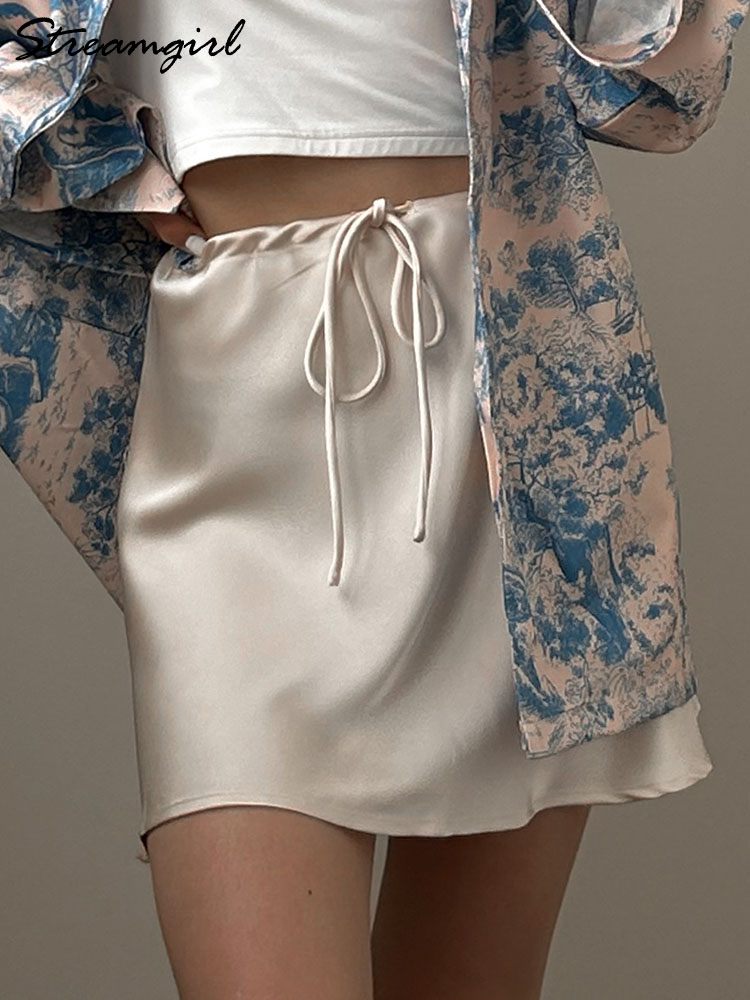 AliExpress Satin Mini Skirts Women Summer Beige Silk Short Skirt For Woman Drawstring High Waist Black Satin Skirt A Line Women Short 2026, view 2