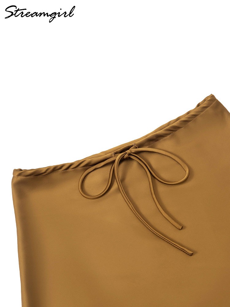 AliExpress Satin Mini Skirts Women Summer Beige Silk Short Skirt For Woman Drawstring High Waist Black Satin Skirt A Line Women Short 2026, view 6