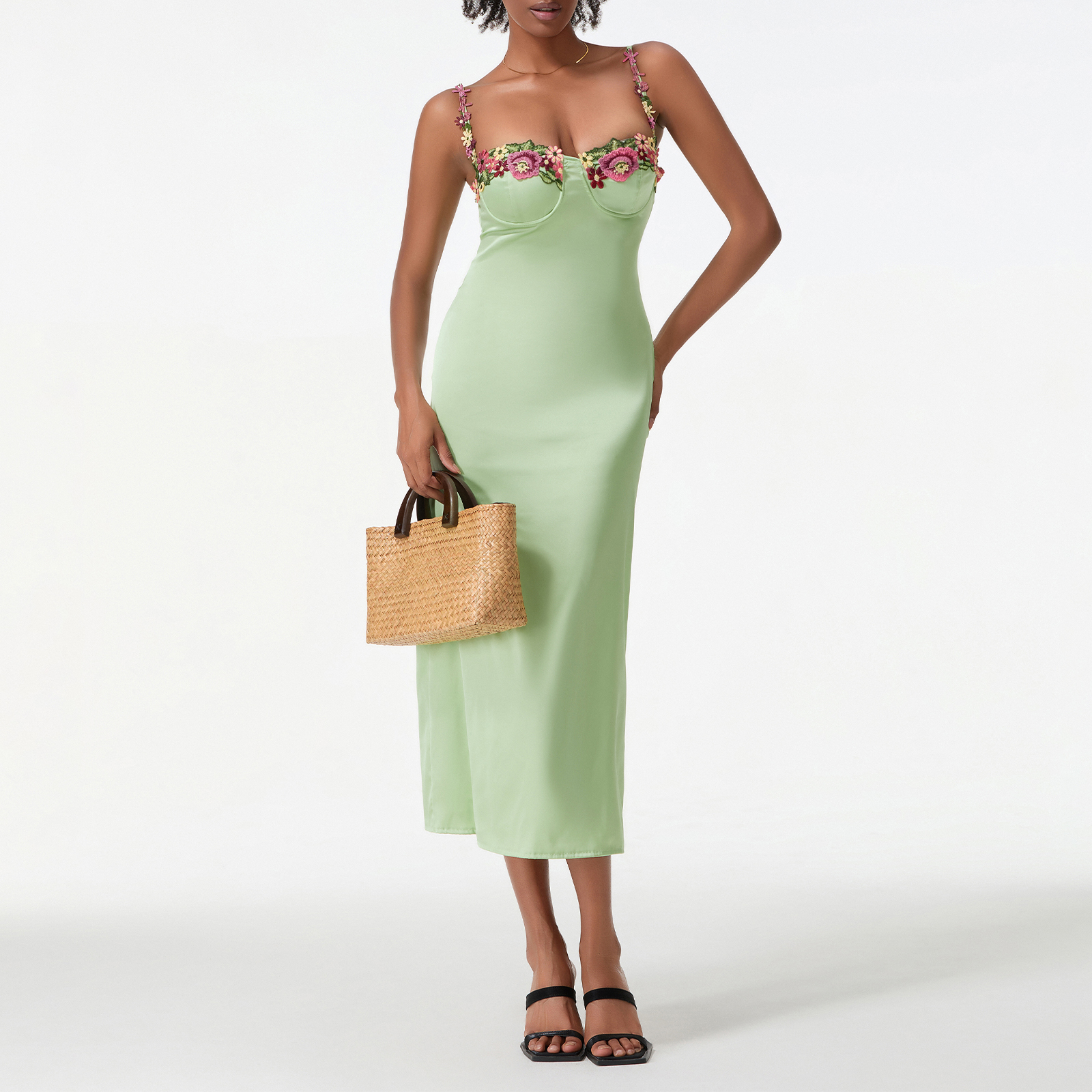 AliExpress Satin Sling Bodycon Long Dress Women Flower Embroidery Sleeveless Spaghetti Strap Cocktail Dress Summer Party Club Skinny Dress