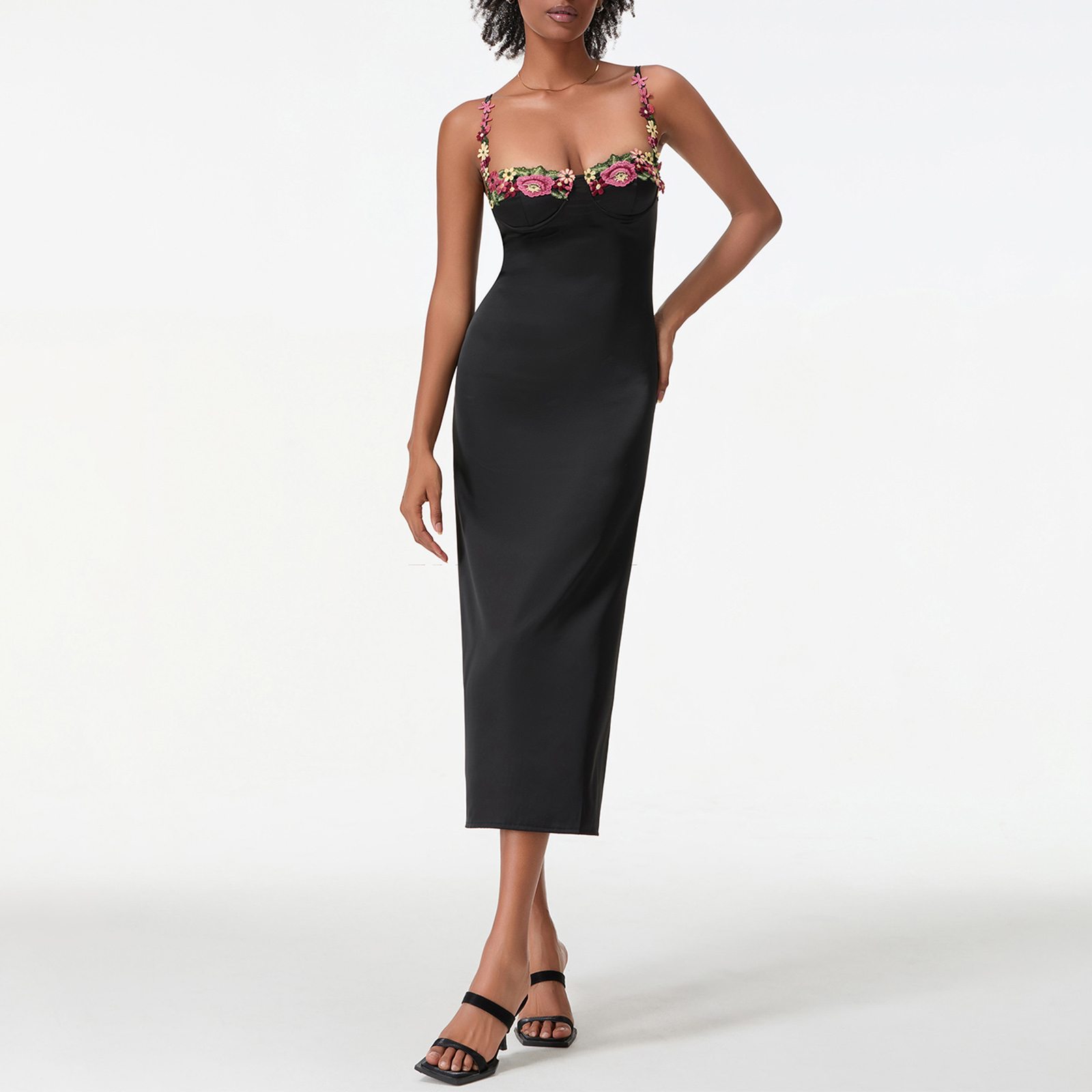 AliExpress Satin Sling Bodycon Long Dress Women Flower Embroidery Sleeveless Spaghetti Strap Cocktail Dress Summer Party Club Skinny Dress, view 4