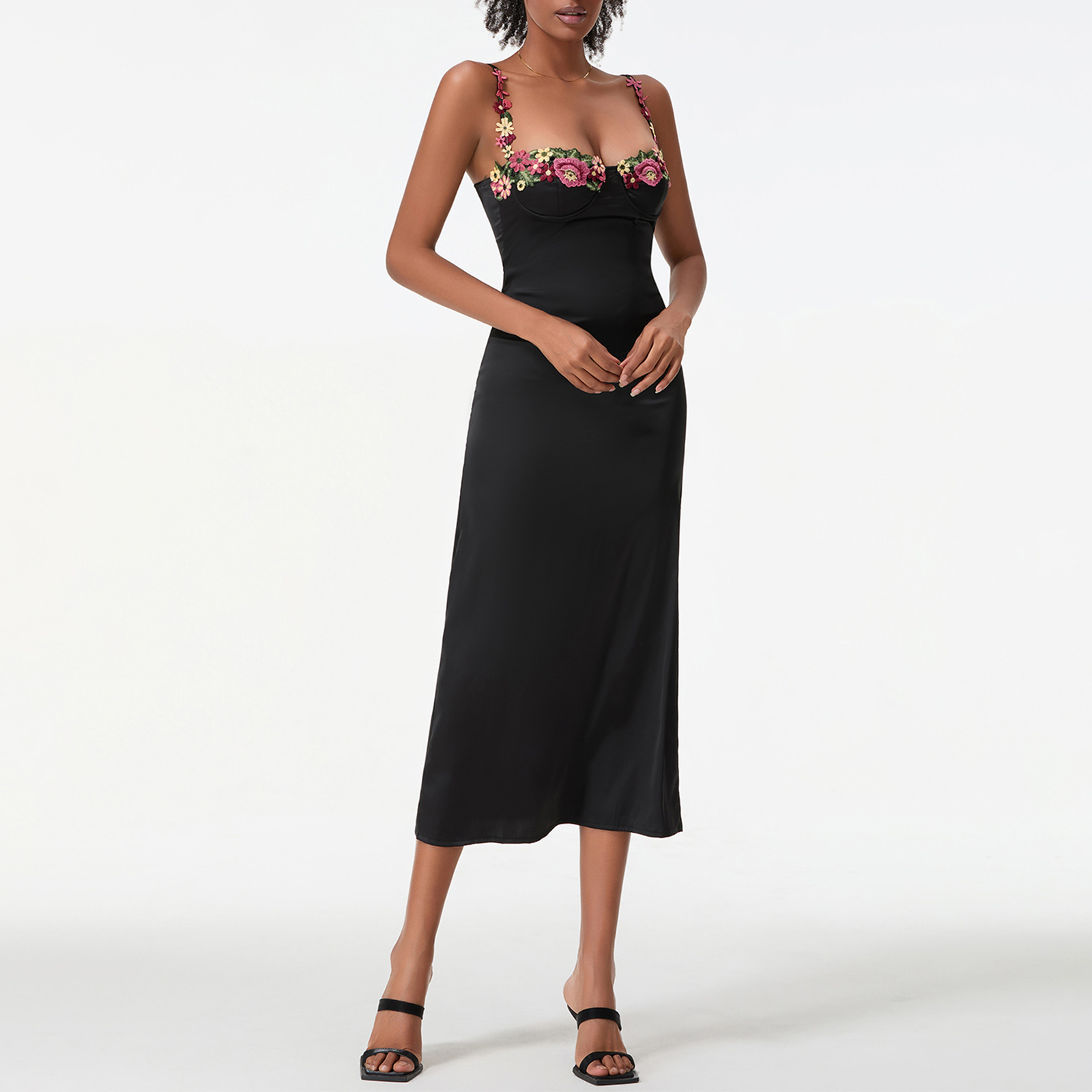 AliExpress Satin Sling Bodycon Long Dress Women Flower Embroidery Sleeveless Spaghetti Strap Cocktail Dress Summer Party Club Skinny Dress, view 5