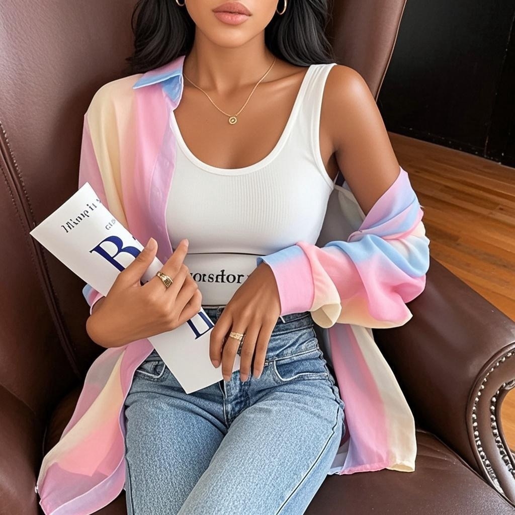 AliExpress See-through Irregular Gradient Rainbow Long Sleeved Shirt And Blouses Thin For Women Clothes Loose Top Pink Casual Fashion Trend, view 3