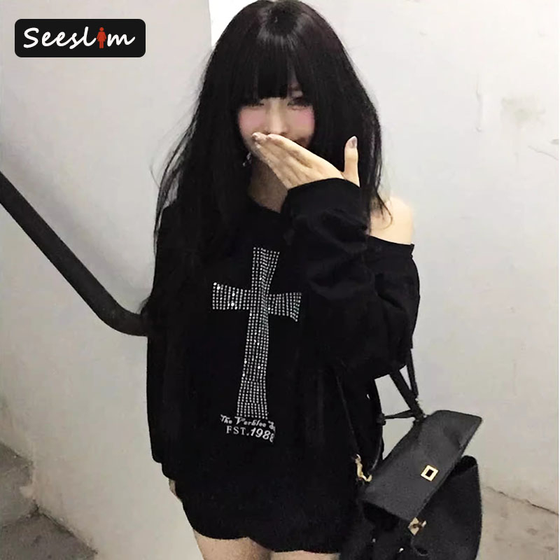 AliExpress Seeslim Cross One-shoulder Graphic Hoodies Long Sleeve Black Women's Sweatshirts Harajuku Grunge 2000s Clothes Y2k Autumn Tops